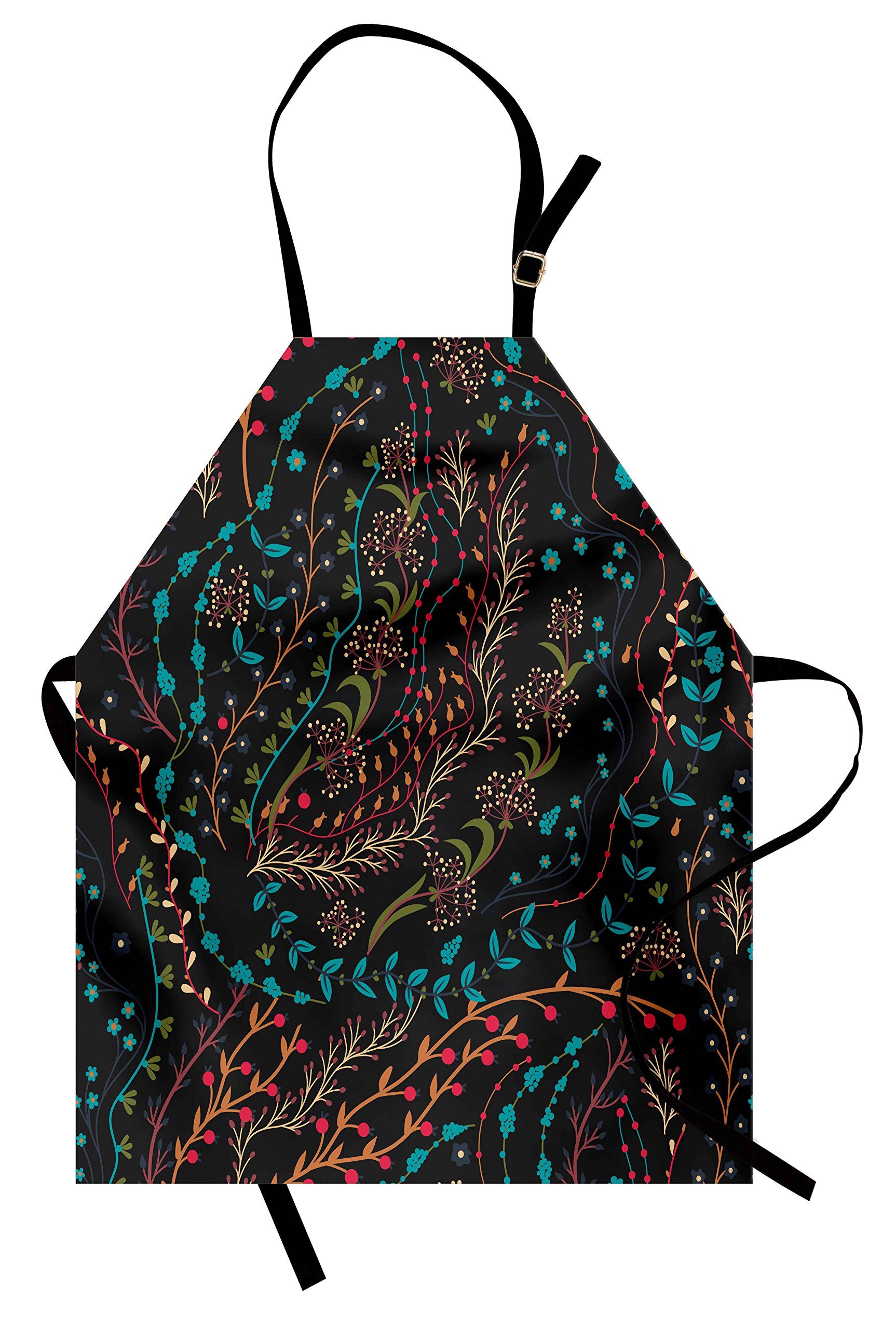 Ambesonne Floral Apron - Colorful Herbs & Flowering Stems Design, Adjustable Unisex Kitchen Bib for Cooking, Baking, Gardening - Perfect for Spring Decor & Outdoor BBQ Parties