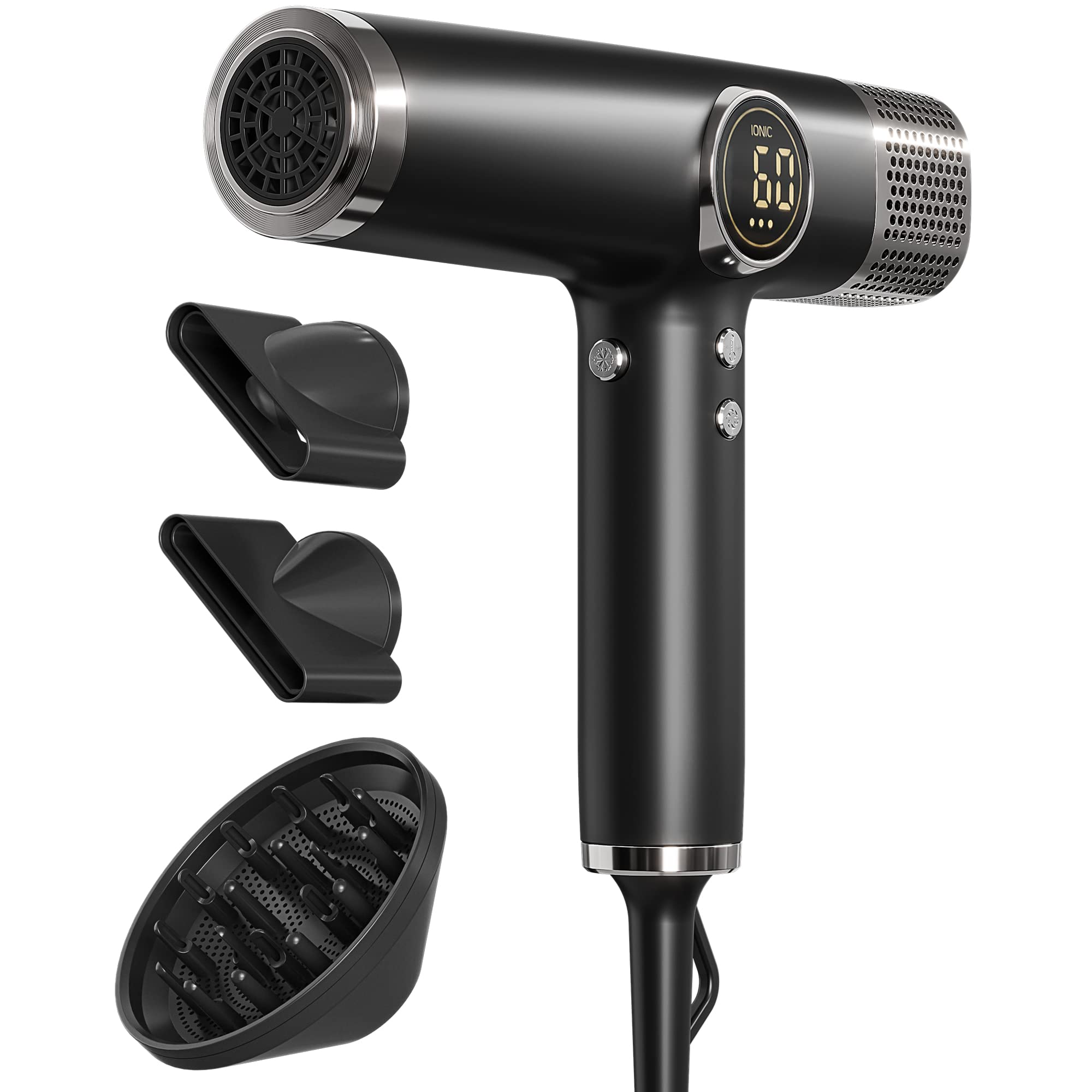 Fezax Professional Hair Dryer with Negative Ion Technology - 110,000 RPM Brushless Motor, Fast Drying & Ultra Quiet - Includes Magnetic Nozzle & Diffuser - Perfect for Home, Travel, Salon & Styling (Black)