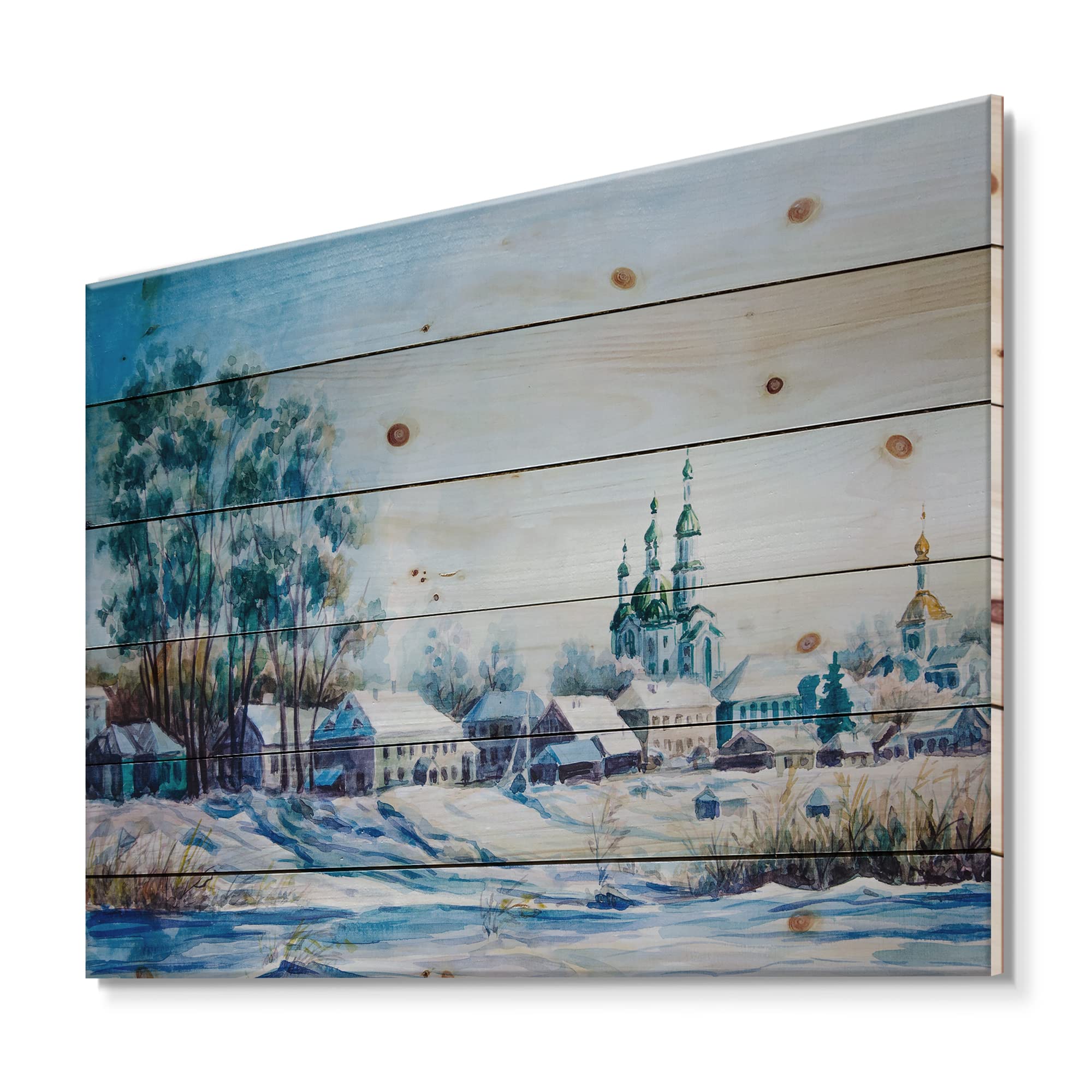 DesignQ Winter Small Town Traditional Wood Wall Decor - Blue Landscape Wood Wall Art Panel, Large Pine Wood Wall Hanging for Living Room, Bedroom & Office Decor