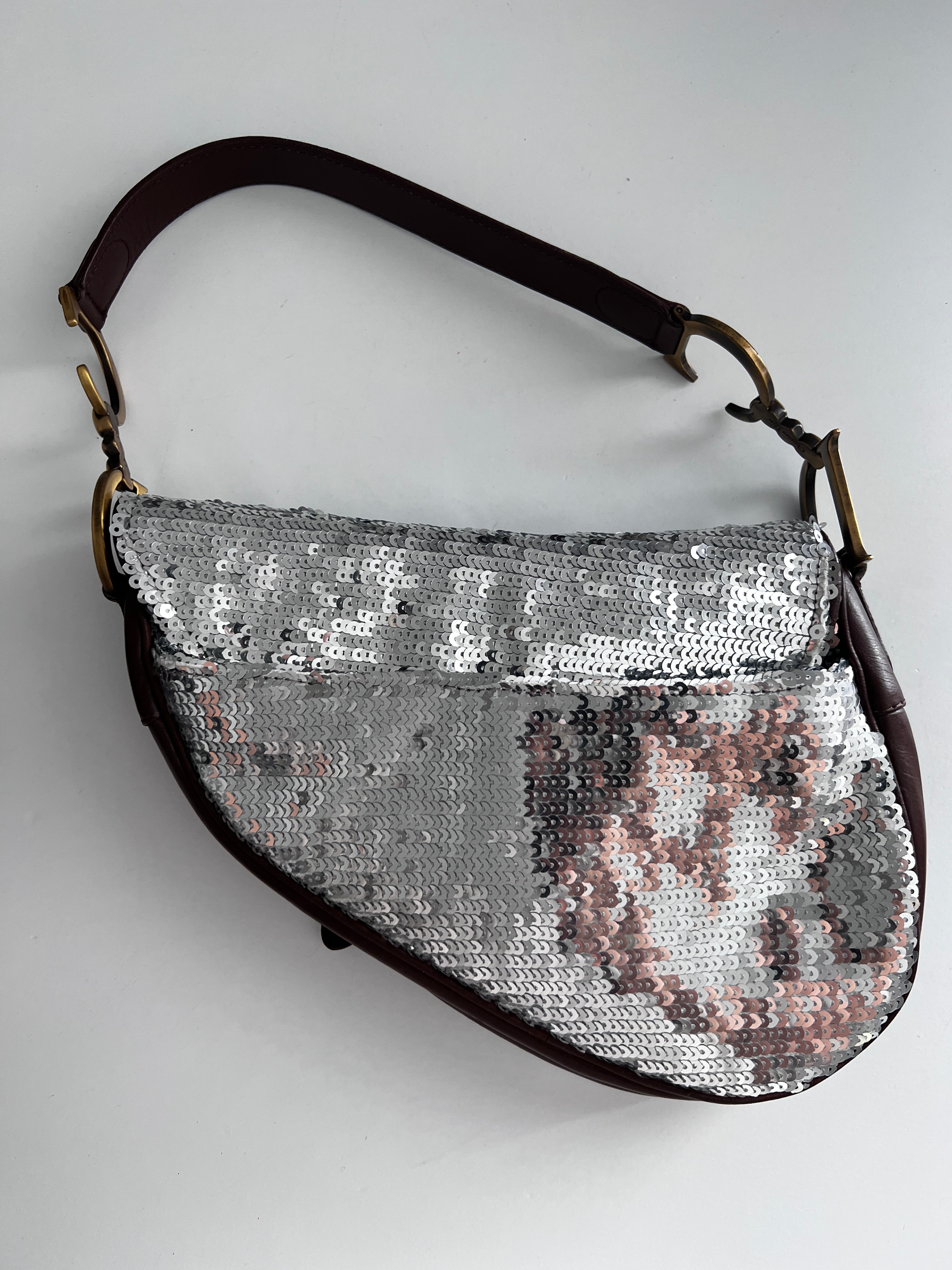 Vintage Dior Silver Sequin Leather Saddle Bag - Luxury Crossbody Purse for Women, Evening Parties & Special Occasions