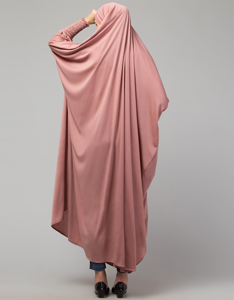 Elegant Arabic Smoking Sleeve Tie-Back Jilbab - Ready to Wear Full Size Knit Abaya in Mauve Pink | Perfect for Prayer, Modest Fashion & Special Occasions