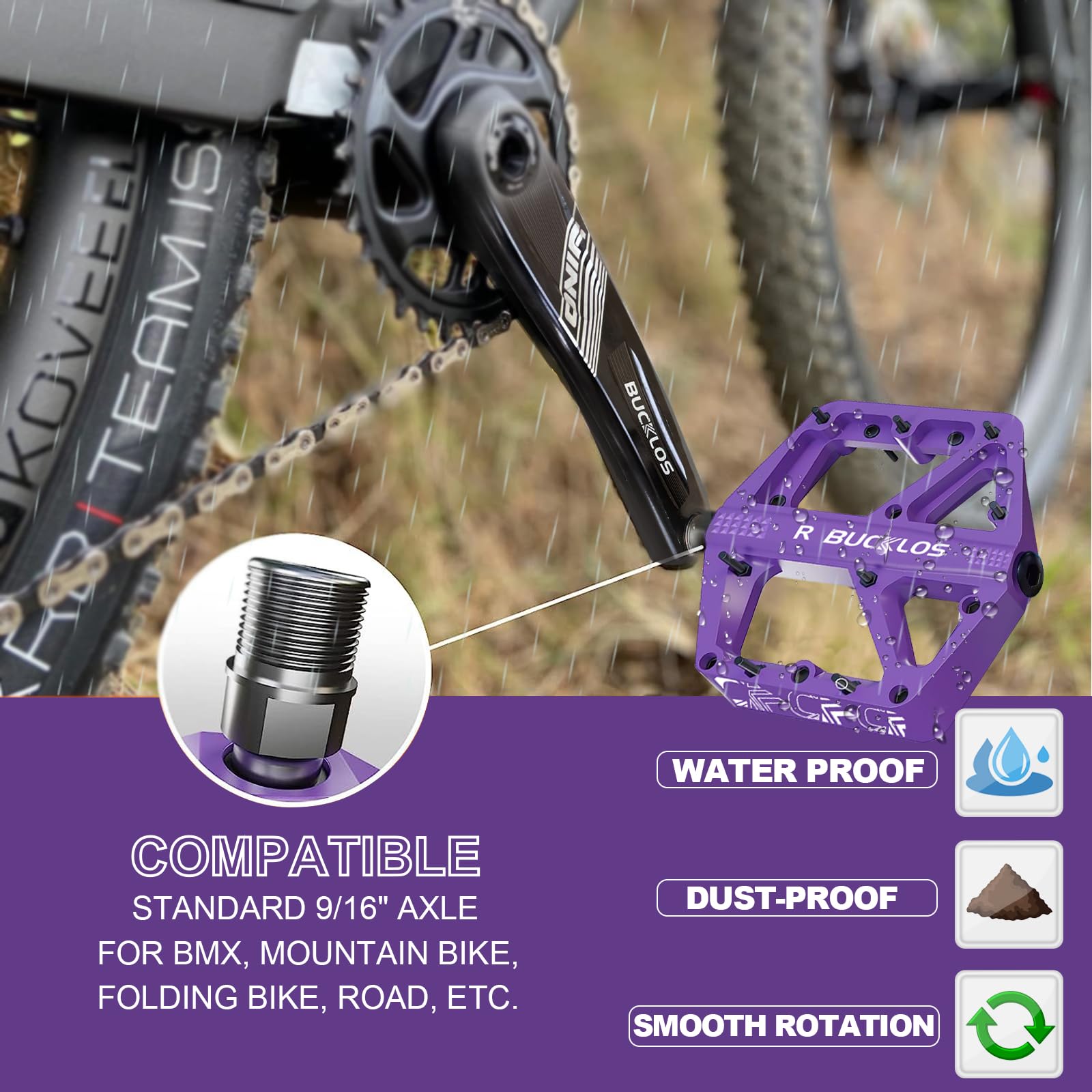 BUCKLOS Mountain Bike Pedals - MTB Flat Pedals for Adults, Large Non-Slip Nylon Platform Pedals 9/16