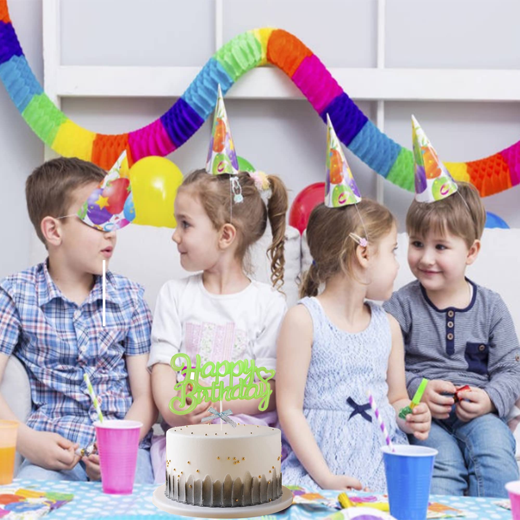 Glow Party Neon Birthday Cake Toppers - 3D Green Happy Birthday Cake Decorations for Birthday Parties, Night Events & Glow-in-the-Dark Celebrations