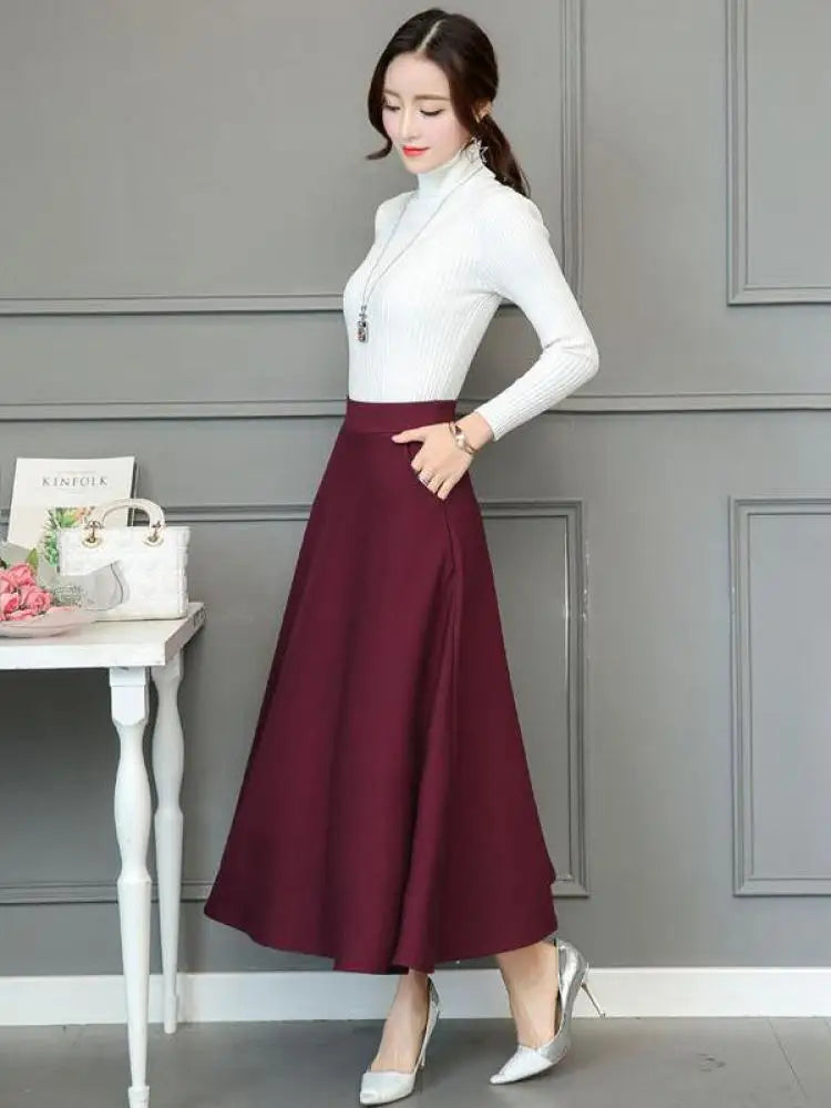 Black Elastic High Waist Pocket Long Skirt for Women - Plus Size Pleated Casual Skirt - Versatile Slimming Midi Skirt for Spring & Fall | Perfect for Office, Dating & Travel