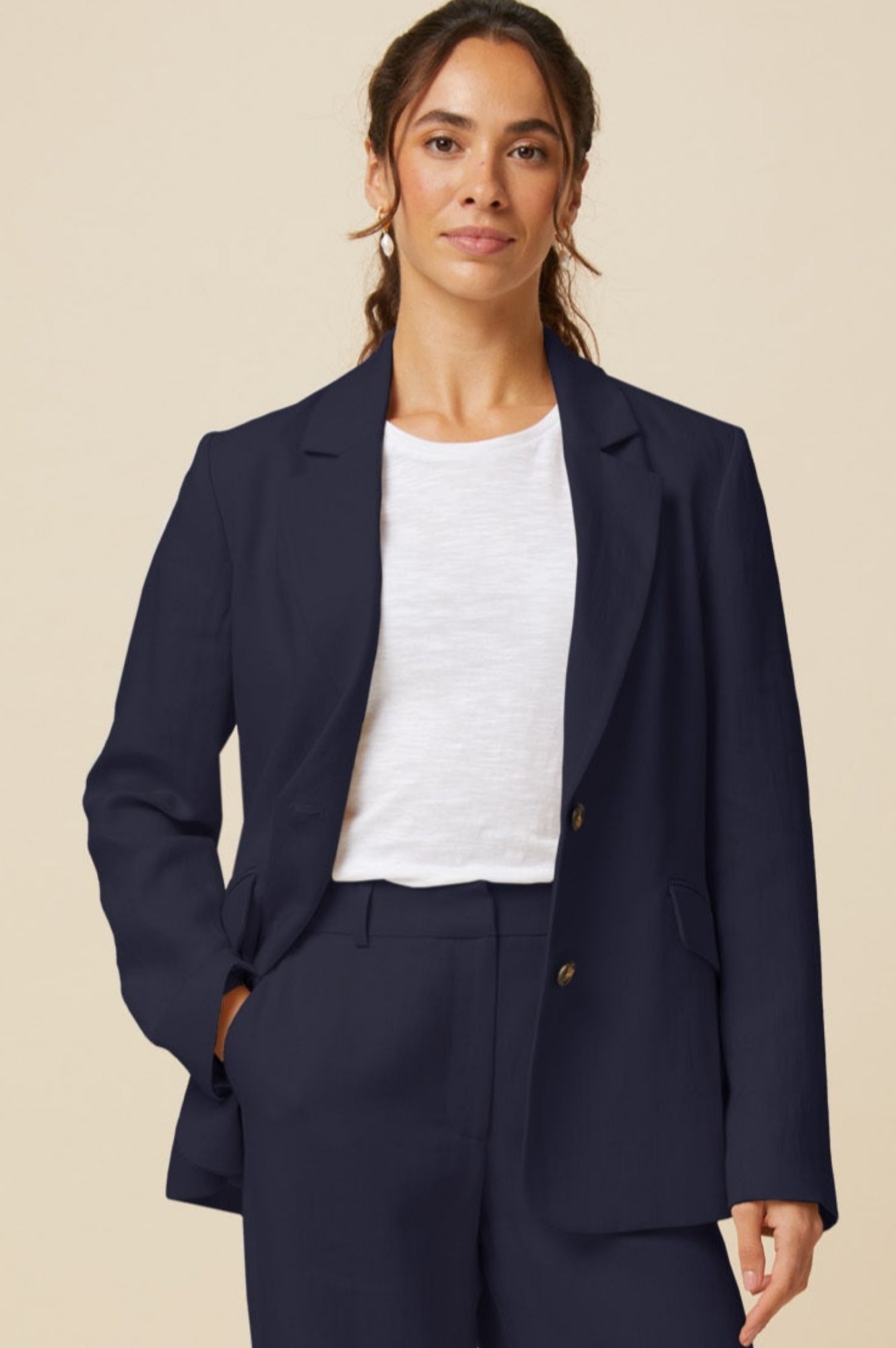 Premium Linen Blend Blazer for Women - Navy Blue Slim Fit Business Casual Jacket - Perfect for Office Wear, Weddings & Summer Outfits