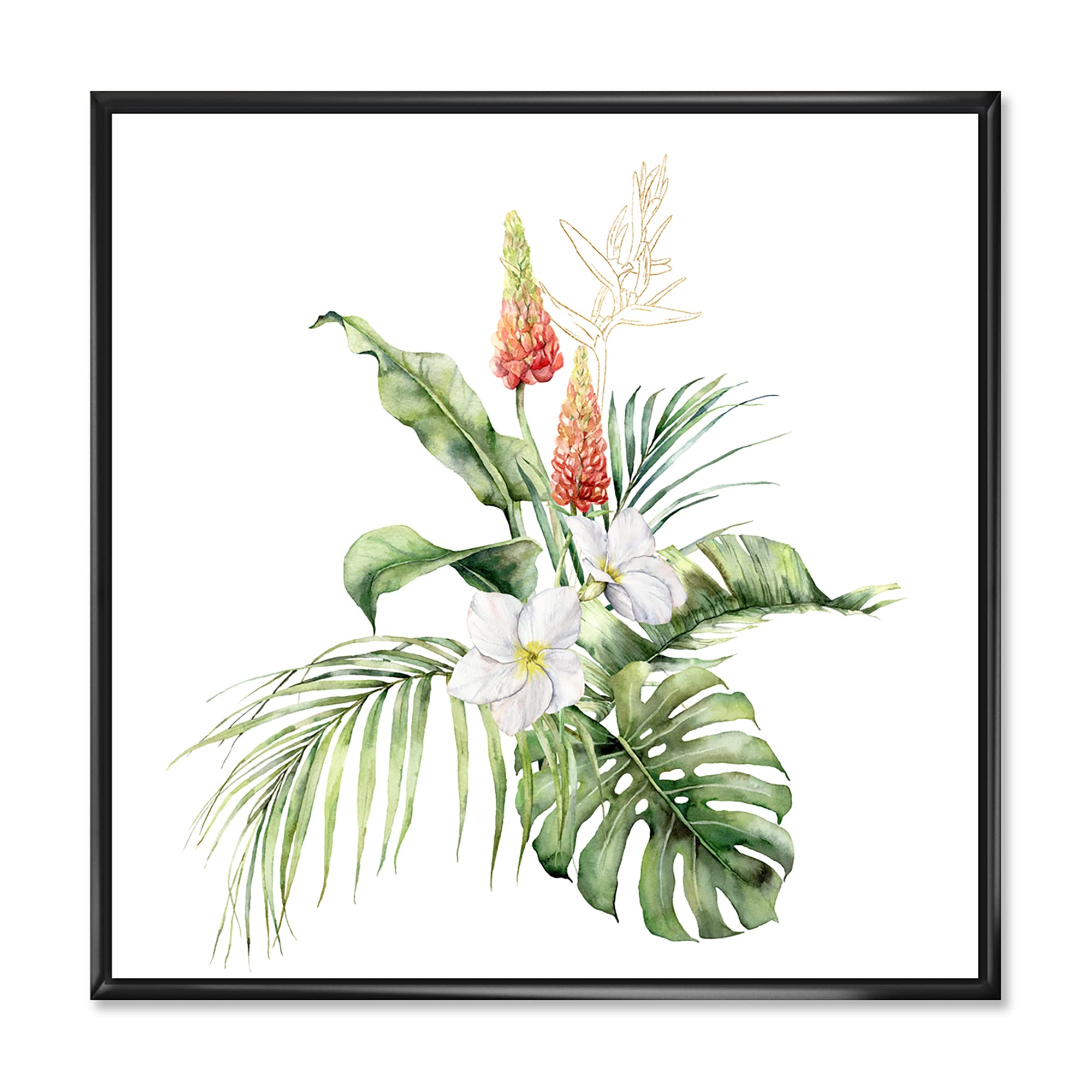 DesignQ Tropical Bouquet With Lupine Plumeria Palm Leaves - Traditional Framed Canvas Wall Art Print - Perfect for Beach House Decor, Living Room & Bedroom Wall Decor