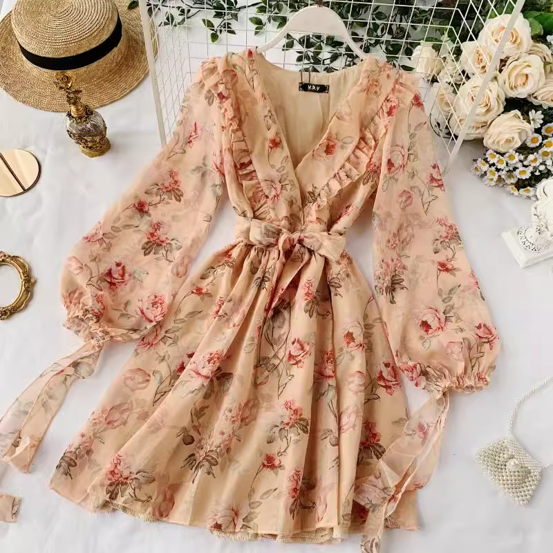 French Elegant Puff Sleeve V-Neck Floral Print Dress 1156 - Perfect for Weddings, Parties & Summer Vacations