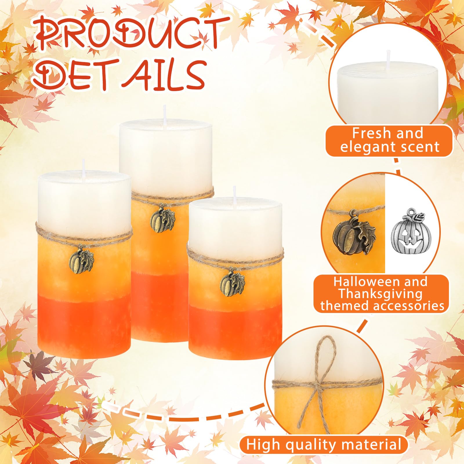 Set of 3 Scented Pillar Candles - Decorative Layered Candles for Home Decor, Clean Burning & Long Lasting with Ornaments (Autumn Scent, 3 Sizes) - Perfect for Fall Parties, Wedding Centerpieces & Cozy Home Ambiance