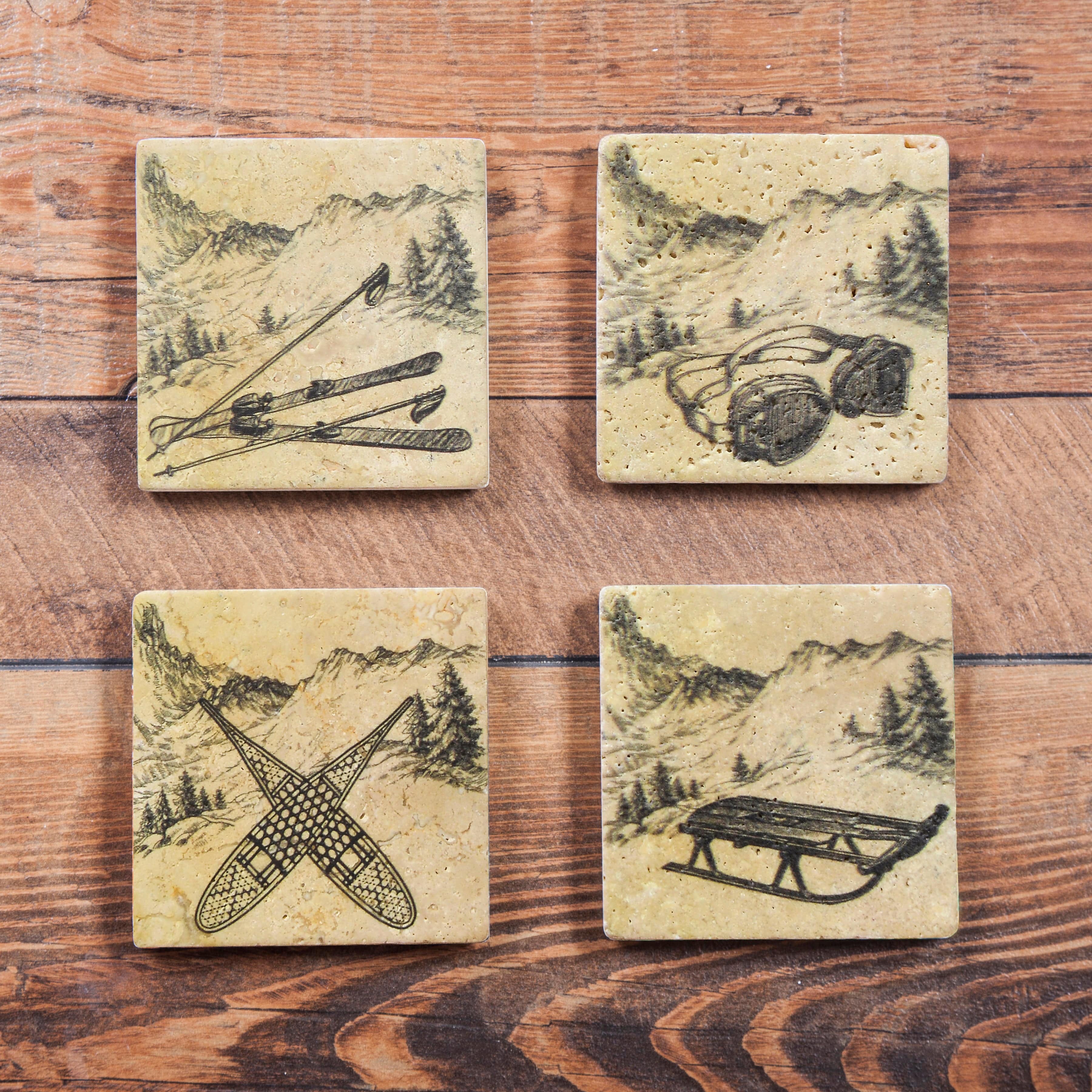 Vintage Ski Coaster Set of 4 - Non-Slip Drink Coasters for Beer, Wine & Coffee - Perfect for Cabin, Bar & Winter Home Decor