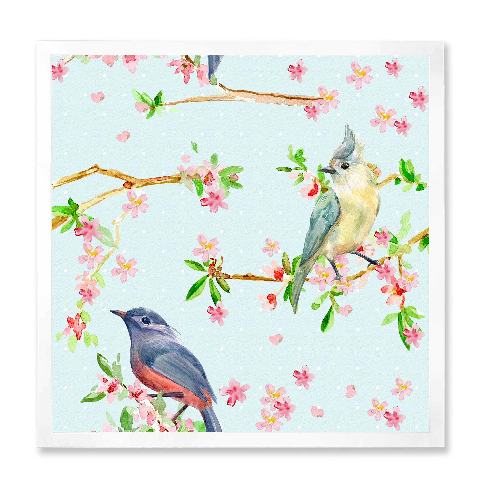 Blue Flowers and Birds Traditional Framed Wall Art - Vintage Home Decor for Living Room, Bedroom & Office