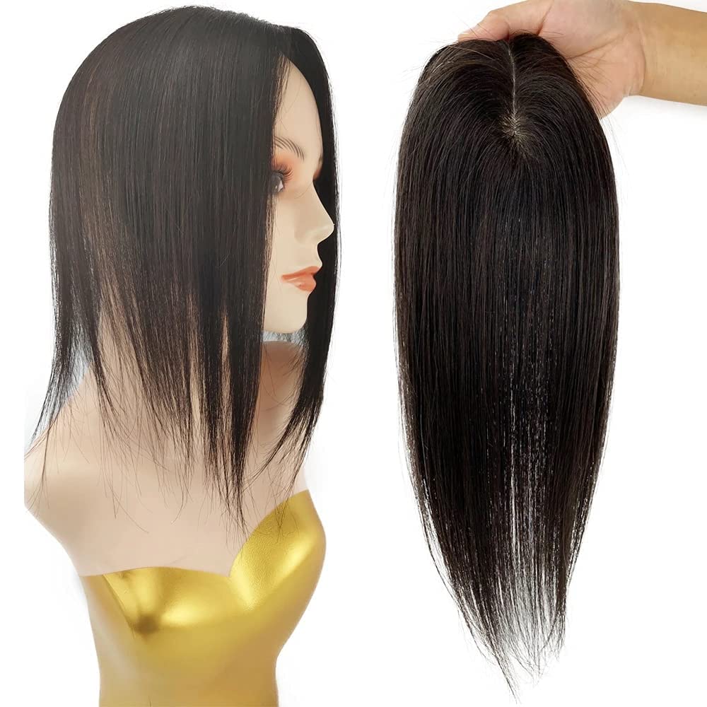 8x12 CM Virgin European Human Hair Toupee for Women - Machine Silk Base Topper Hair Clip for Thinning Hair (Natural Black, 14 inches) - Perfect for Daily Wear, Special Occasions & Hair Volume Enhancement