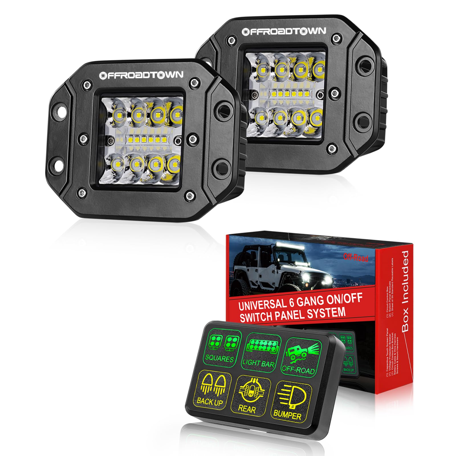 OFFROADTOWN 6 Gang Switch Panel with Flush Mount LED Pods - Universal Waterproof Rocker Switch Panel for Trucks, Jeeps, ATVs & Boats - Perfect for Off-Roading, Camping & Marine Applications