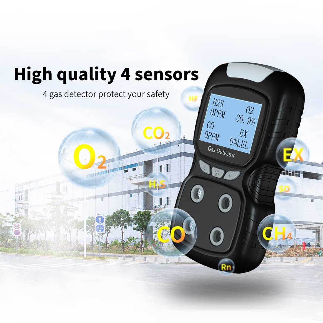 Portable 4-Gas Detector - H2S, O2, CO & LEL Monitor with Rechargeable Battery, LCD Display & Sound/Light Alarms for Air Quality Testing | Perfect for Industrial Safety, Confined Space Entry & Workplace Monitoring (Black)