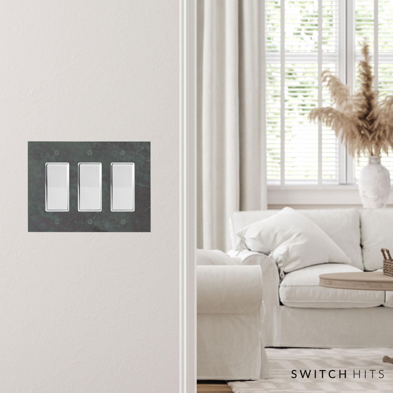 Decorative 3 Gang Electrical Switch Plate Outlet Cover - Vermont Slate Finish, 6.75” x 5” - GFCI Rocker & Decora Triple Light Switch Faceplate for Home & Office Decor