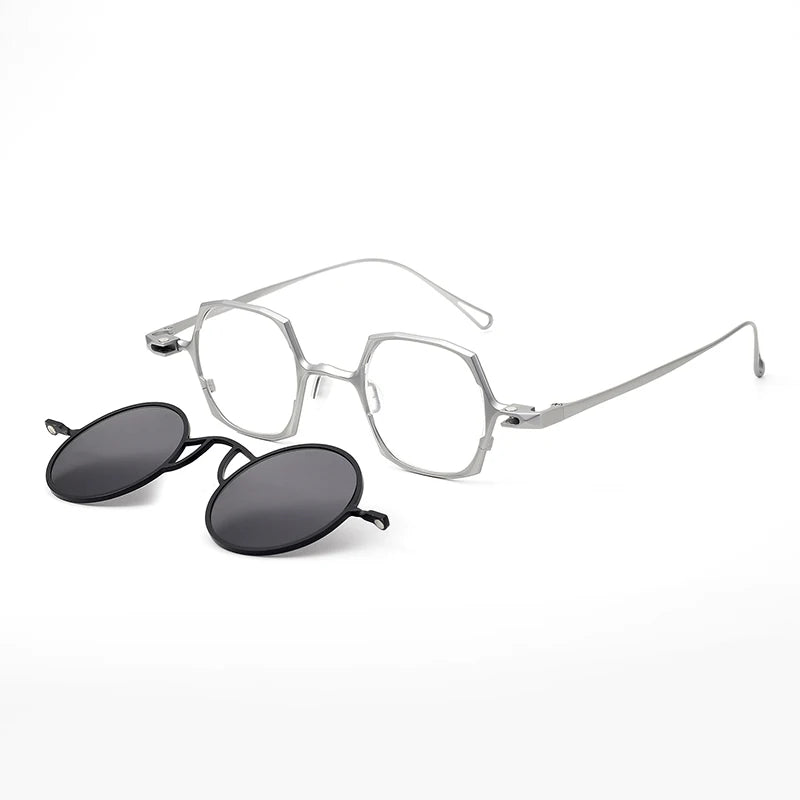 Stylish Aror Unisex Full Rim Polygon Titanium Eyeglasses with Clip-On Sunglasses - Lightweight & Durable Frame for Men & Women - Perfect for Outdoor Activities, Driving, and Fashion Accessories