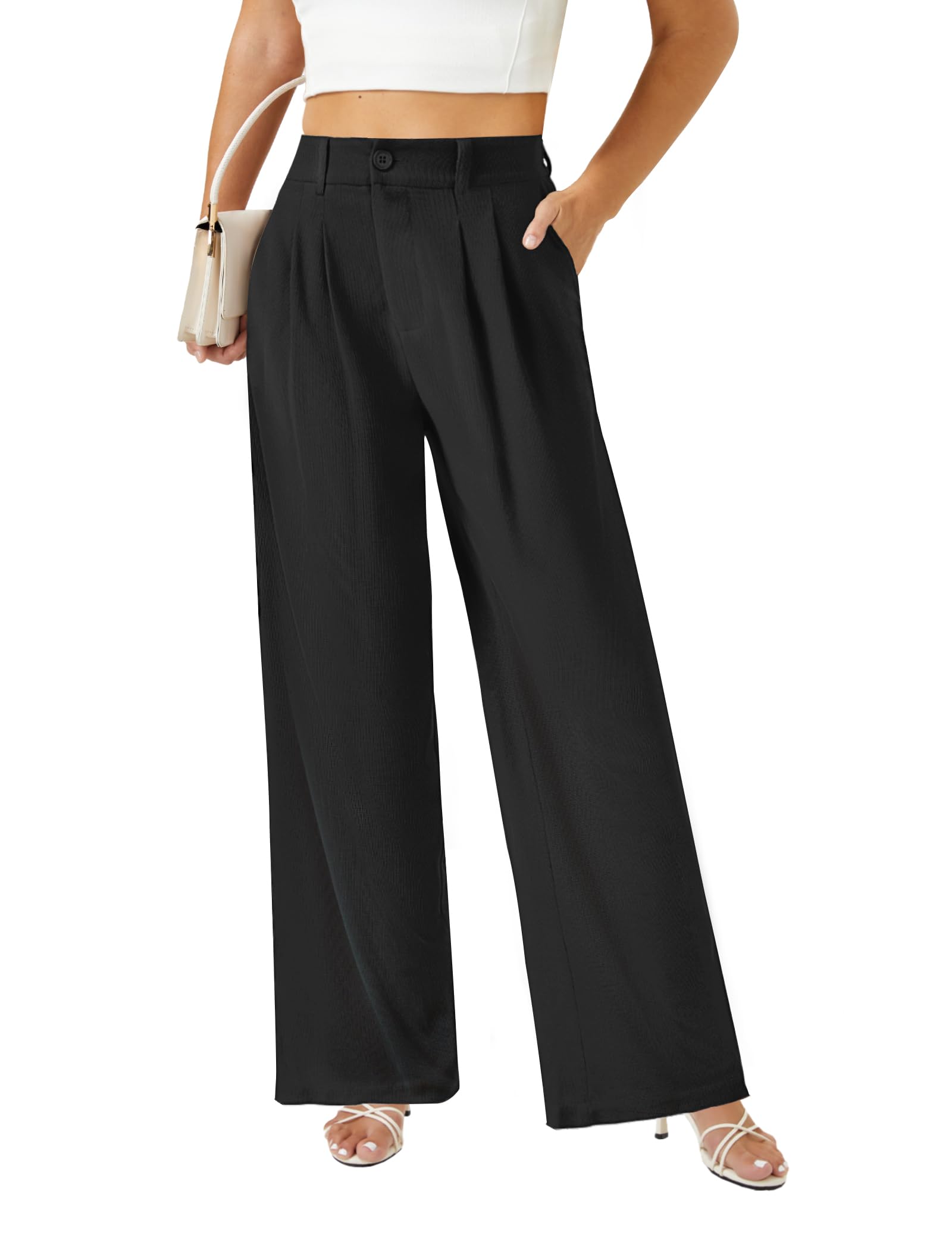 Keriffe Women's Wide Leg Work Pants - High Waisted Waffle Knit Button Down Palazzo Trousers with Pockets | Comfortable Casual Dress Pants for Office, Travel & Everyday Wear