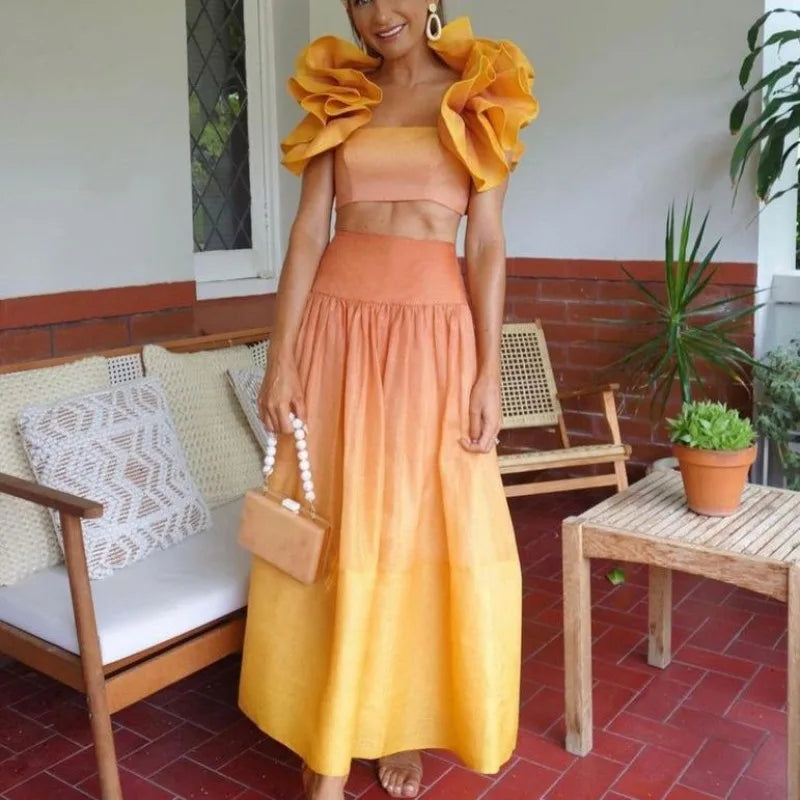 Trendy Y2K Women's Two Piece Set - Sexy Ruffle Crop Top & High Waist Colorful Long Skirt Outfit | Boho Vacation Clothes for Beach, Party & Summer Fashion