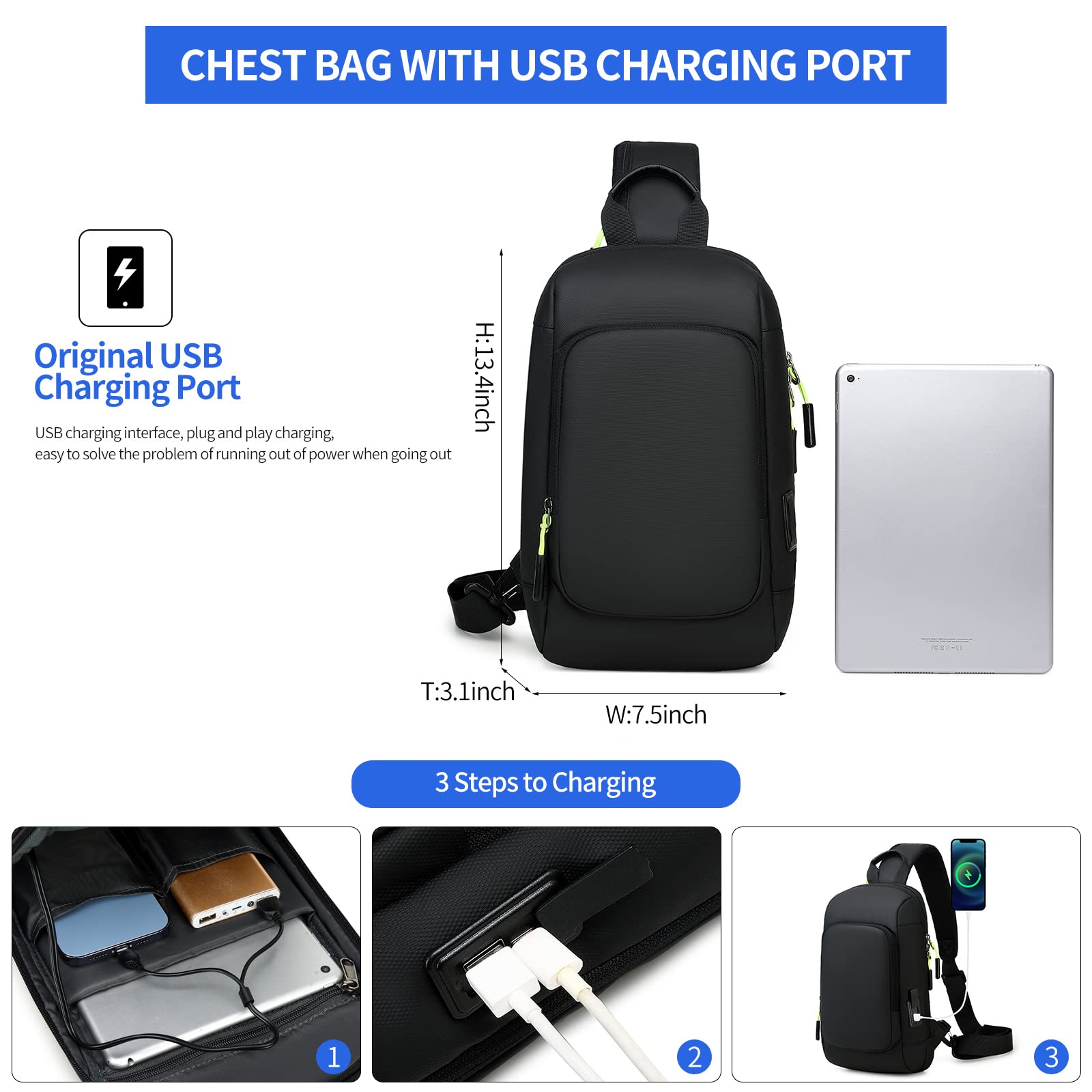 Waterproof Crossbody Sling Bag for Men with USB Charging Port - Lightweight Casual Daypack for Travel, Hiking & Daily Commute