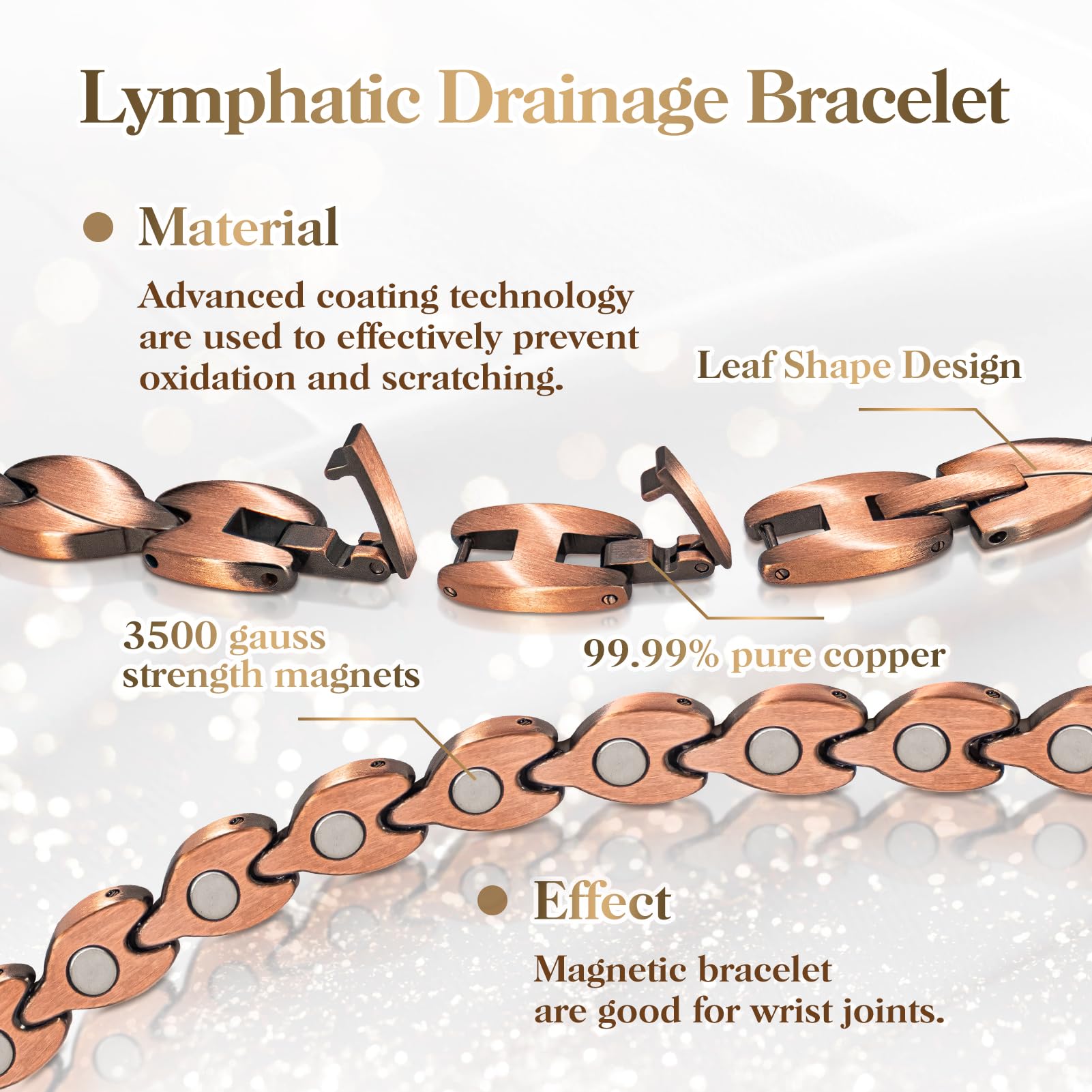Women's Copper Magnetic Bracelet for Lymphatic Detox & Drainage - 100% Pure Solid Copper with 3500 Gauss Magnets, Adjustable Sizing Tool Included - Perfect for Wellness, Pain Relief & Holistic Healing