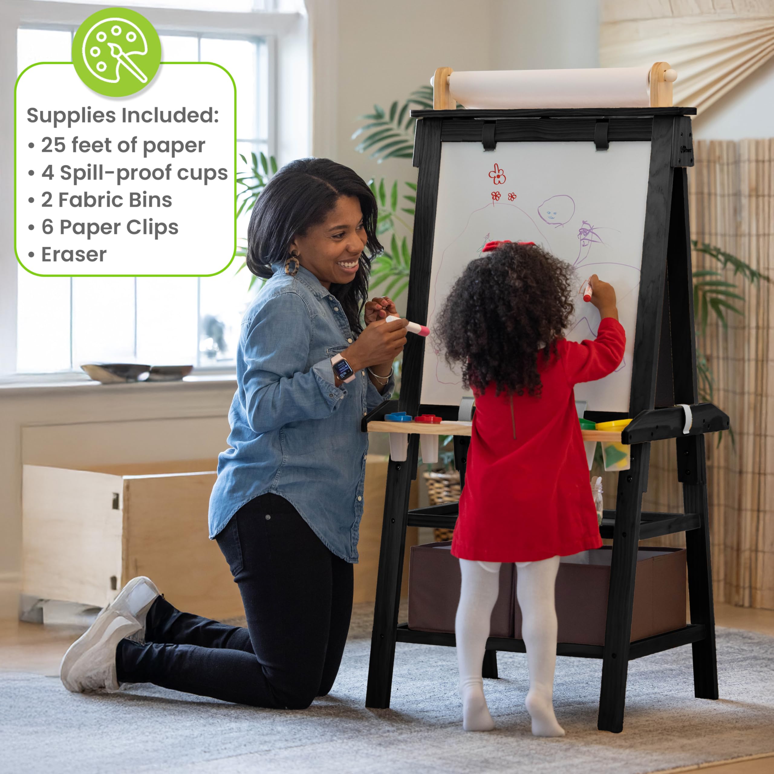 Little Partners Deluxe Learn 'N Play Toddler Easel for Kids - 2-Sided Art Center with Chalkboard & Magnetic Whiteboard | Paper Roll, Storage Bins & Paint Cups | Perfect for Home, Preschool & Creative Play (Charcoal & Natural)