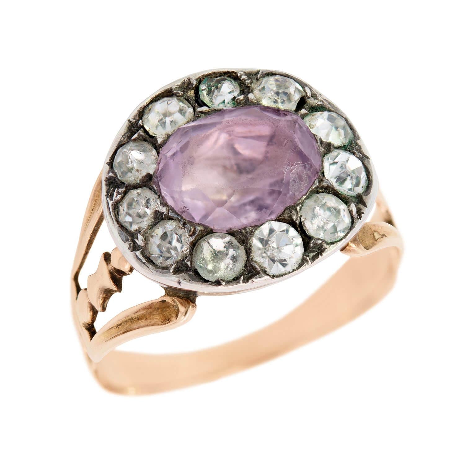 12k Gold Georgian Style Pink Amethyst and White Paste Halo Ring - Vintage Inspired Jewelry for Weddings, Anniversaries & Special Occasions