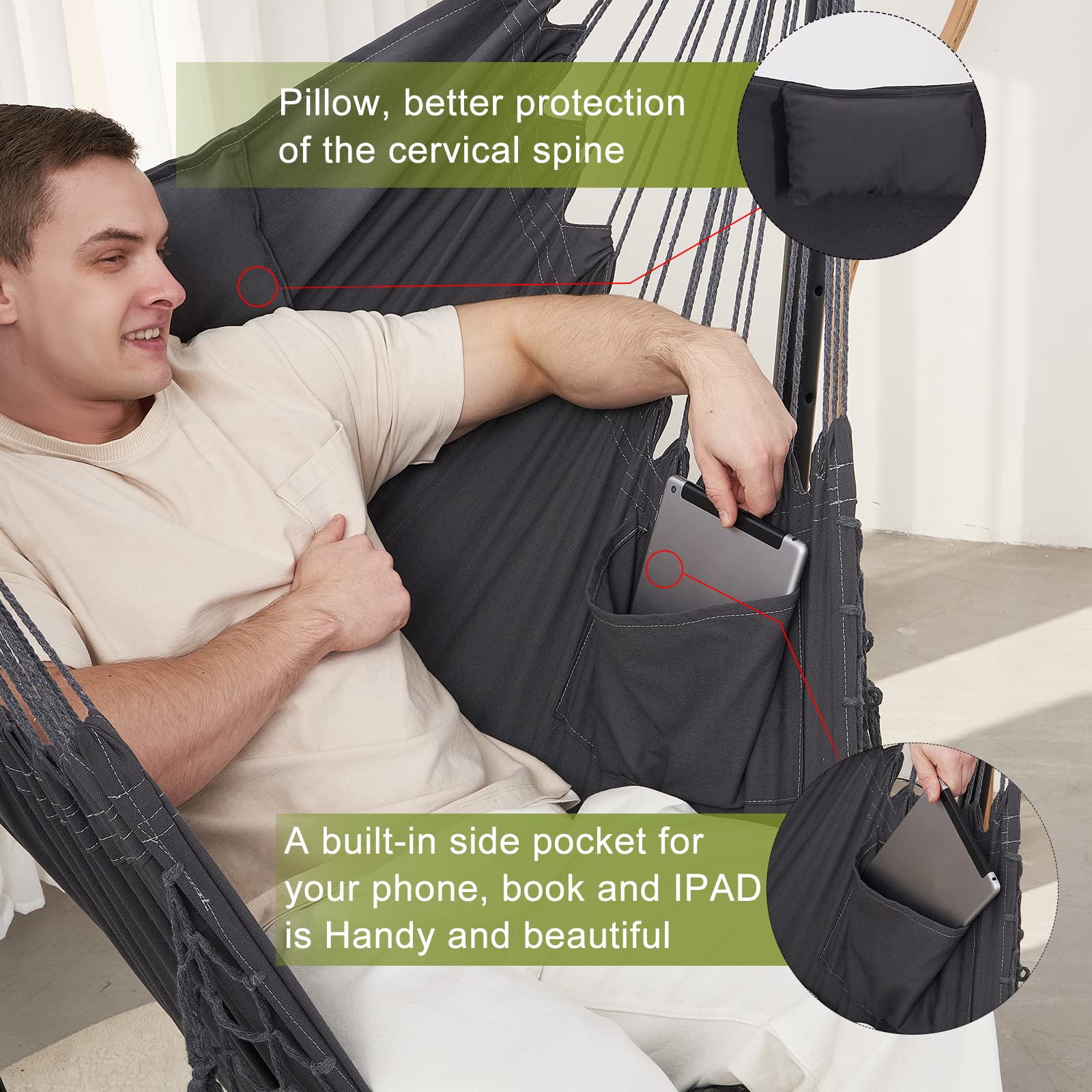 Handmade Boho Macrame Double Hammock with Stand - Adjustable Swing Chair for Indoor & Outdoor Use - Includes Phone Holder - 400lbs Capacity - Perfect for Patio, Yard, Garden, Porch (2022 Grey) - Ideal for Relaxation, Reading & Lounging in Backyard or Balcony
