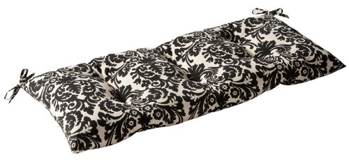 CC Home Furnishings Outdoor Patio Tufted Bench Loveseat Cushion - Black & Cream Damask Pattern - Waterproof & UV Resistant - Perfect for Garden, Poolside & Patio Furniture
