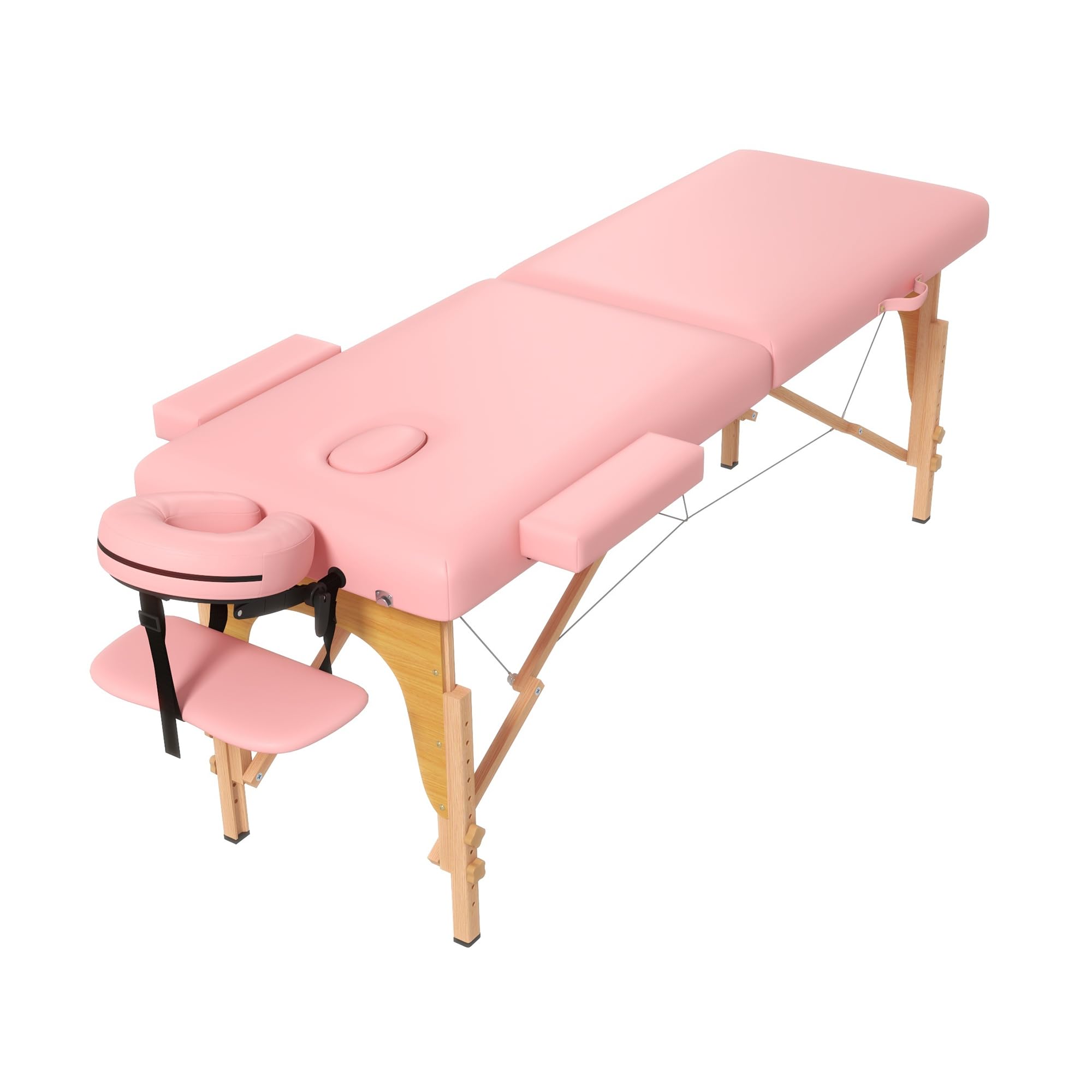 Portable 2-Section Foldable Massage Table - Adjustable Height Spa & Tattoo Bed with Face Cradle - Lightweight Wood Frame Facial Salon Bed for Home & Professional Use - Perfect for Massage Therapy, Tattoo Parlors & Beauty Salons (Light Pink)