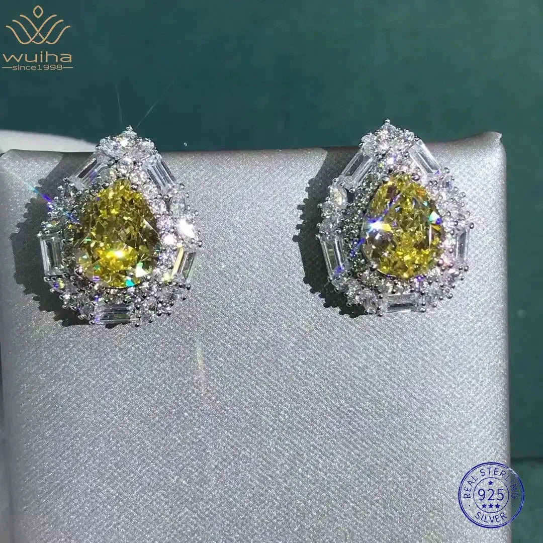WUIHA 925 Sterling Silver 3EX Pear 8CT VVS Yellow Diamond & Pink Sapphire Moissanite Stud Earrings - Elegant Drop Earrings for Women, Perfect for Weddings, Parties & Gift Giving