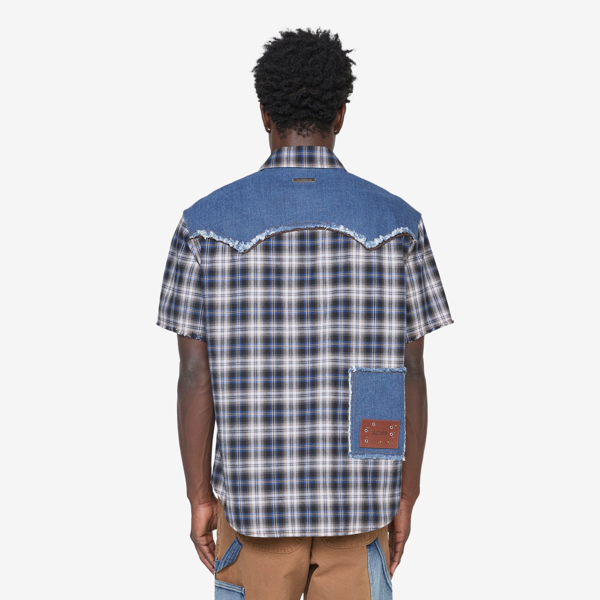 Men's Denim & Check Raw Cut Shirt in Blue - Casual Button Down Shirt for Streetwear and Everyday Outfits