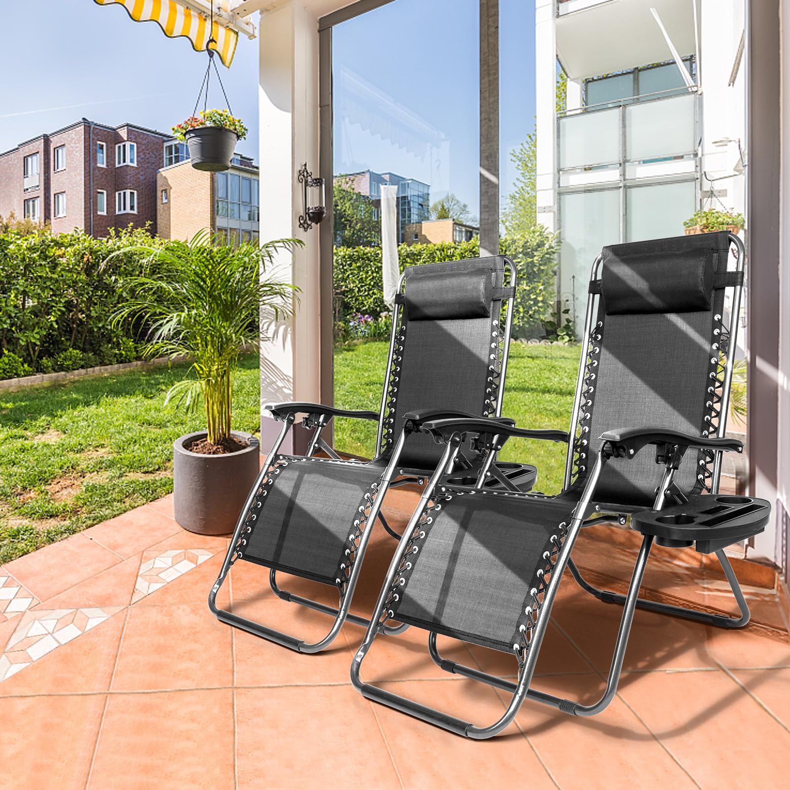Bonnlo Zero Gravity Chair Set of 2 - Adjustable Reclining Patio Lounge Chairs with Pillow & Cup Holder, Foldable Outdoor Lawn Chairs for Deck, Backyard, Beach, Poolside & Garden Relaxation (Black)
