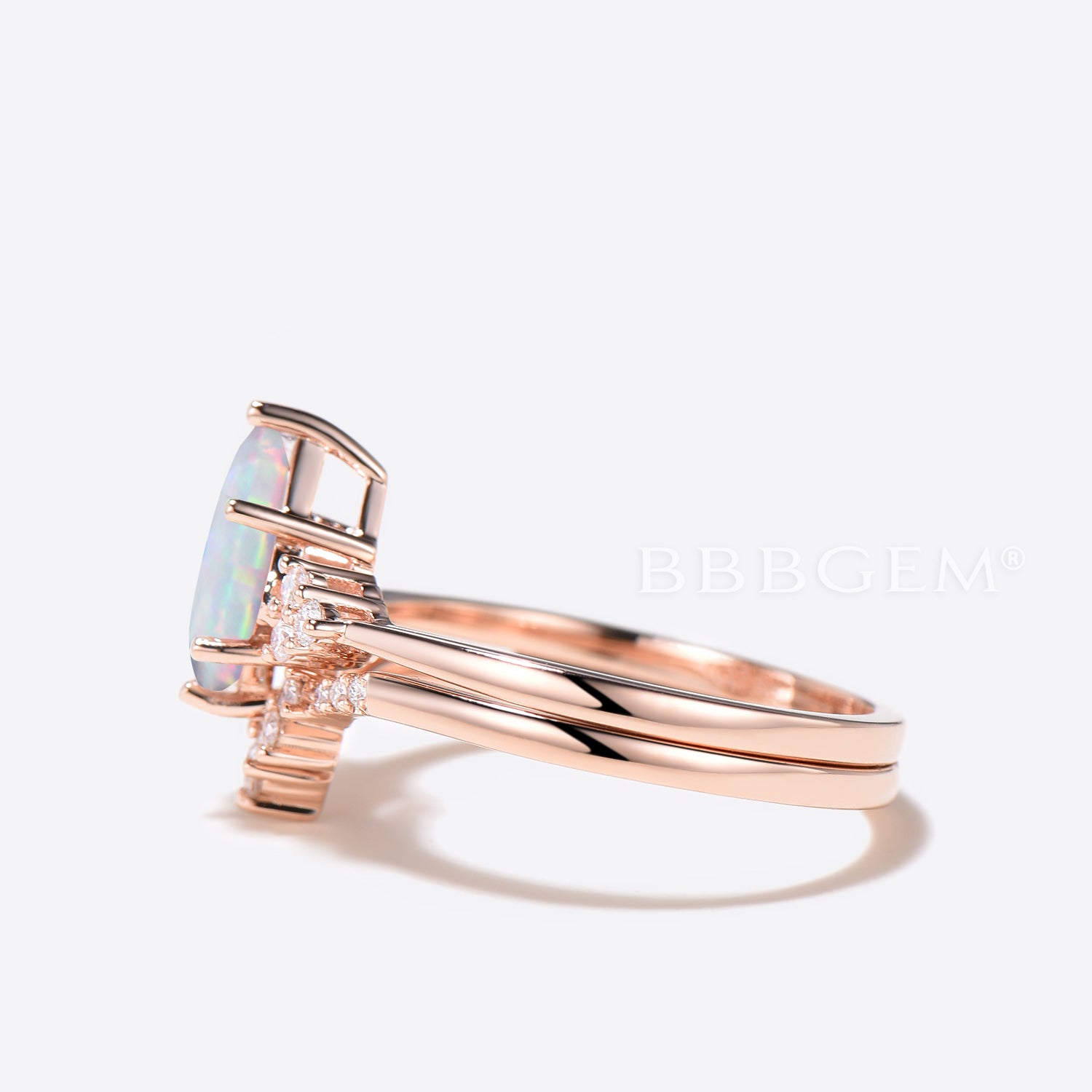 White Opal Diamond Cluster Engagement Ring Set - Elegant Kite Cut Bridal Jewelry for Weddings & Proposals