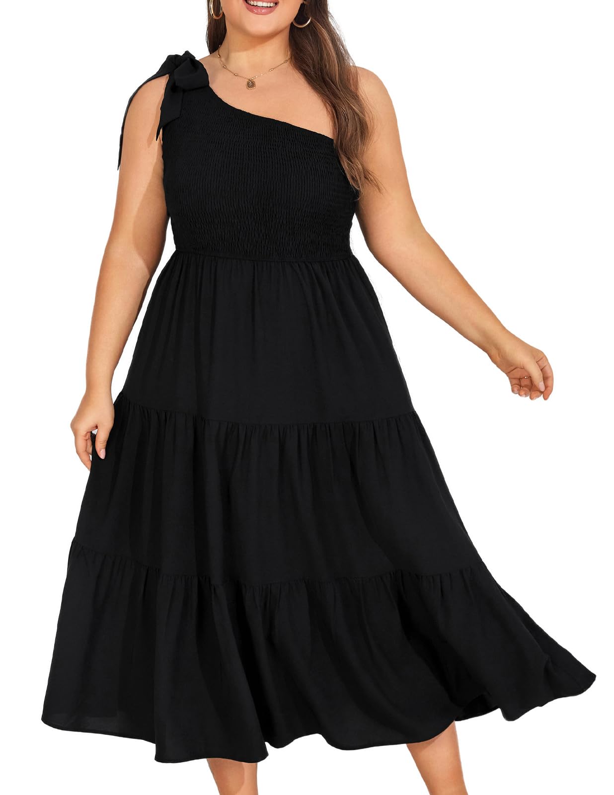 KIMCURVY Plus Size Summer Maxi Dress - Casual One Shoulder Sleeveless Smocked Tiered Flowy Dress with Pockets for Women | Beach Vacation, Date Night & Summer Outings