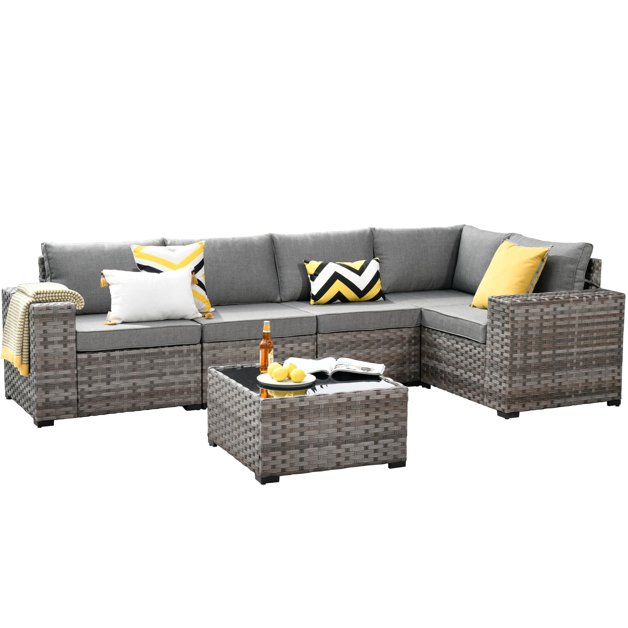 6-Piece Outdoor Patio Furniture Set - Modern Modular Wicker Rattan Sectional Sofa with Deep Seats & Comfy Cushions - Dark Grey Conversation Set for Backyard, Poolside & Garden Relaxation