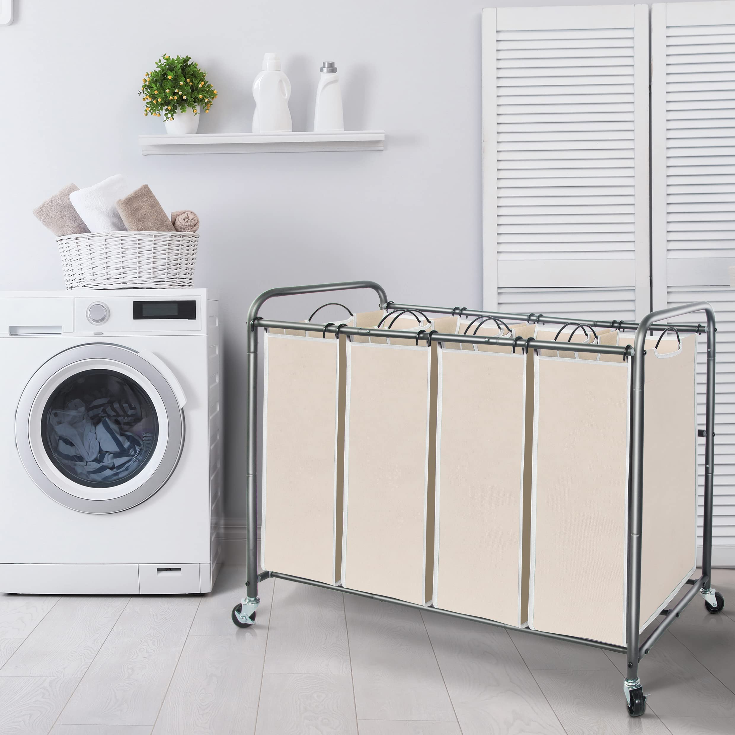 Heavy-Duty Rolling Laundry Hamper with 4 Removable Bags & Lockable Wheels - Beige Laundry Sorter Cart for Bedroom, Closet, or Laundry Room Organization