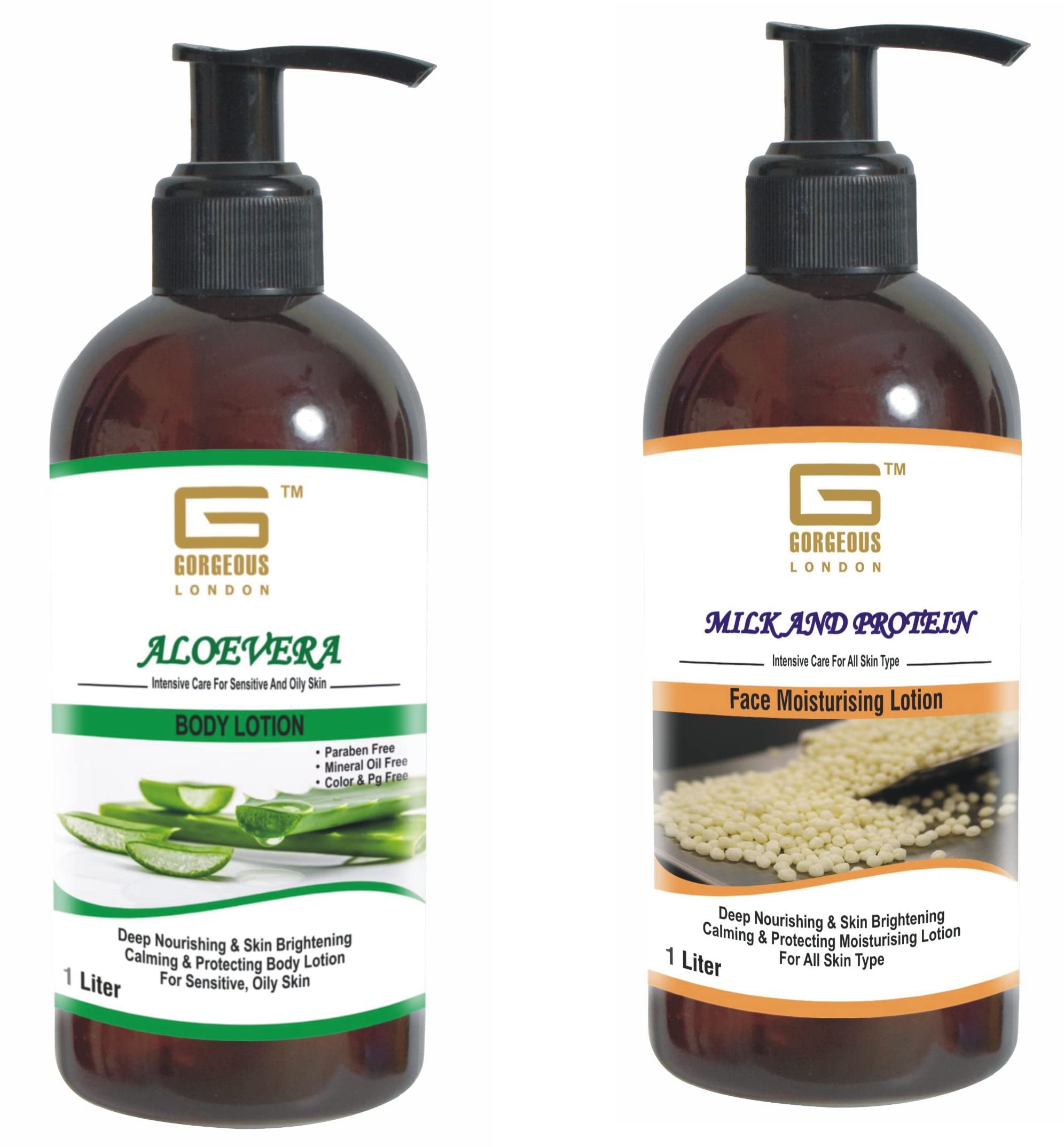 London Aloe Vera Body Lotion & Milk Protein Face Moisturizer Combo (2-Pack, 1L Each) - Hydrating Skincare Set for Dry Skin, Daily Face & Body Care Routine