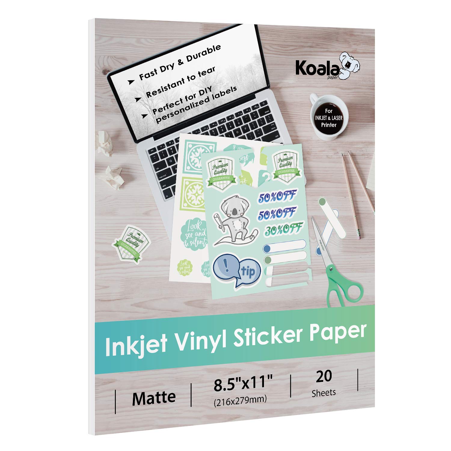 Premium Koala Printable Vinyl Sticker Paper - Matte & Glossy Finish Bundle Pack for DIY Crafts, Scrapbooking, and Laptop Decoration