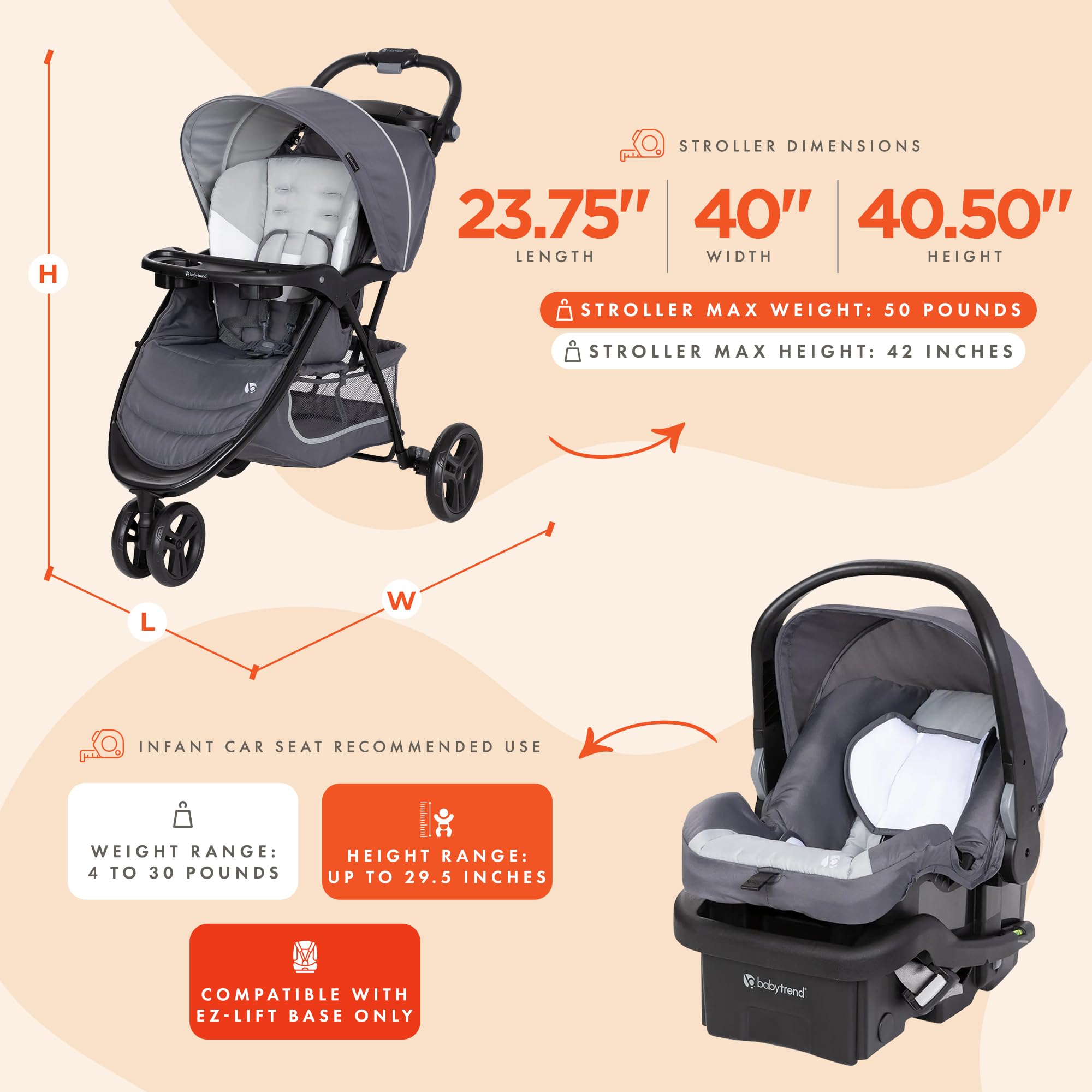 Baby Trend EZ Ride Travel System with EZ-Lift™ Infant Car Seat - Lightweight Stroller & Safe Car Seat Combo for Newborns to Toddlers | Perfect for Shopping, Travel & Daily Walks (Dash Grey)
