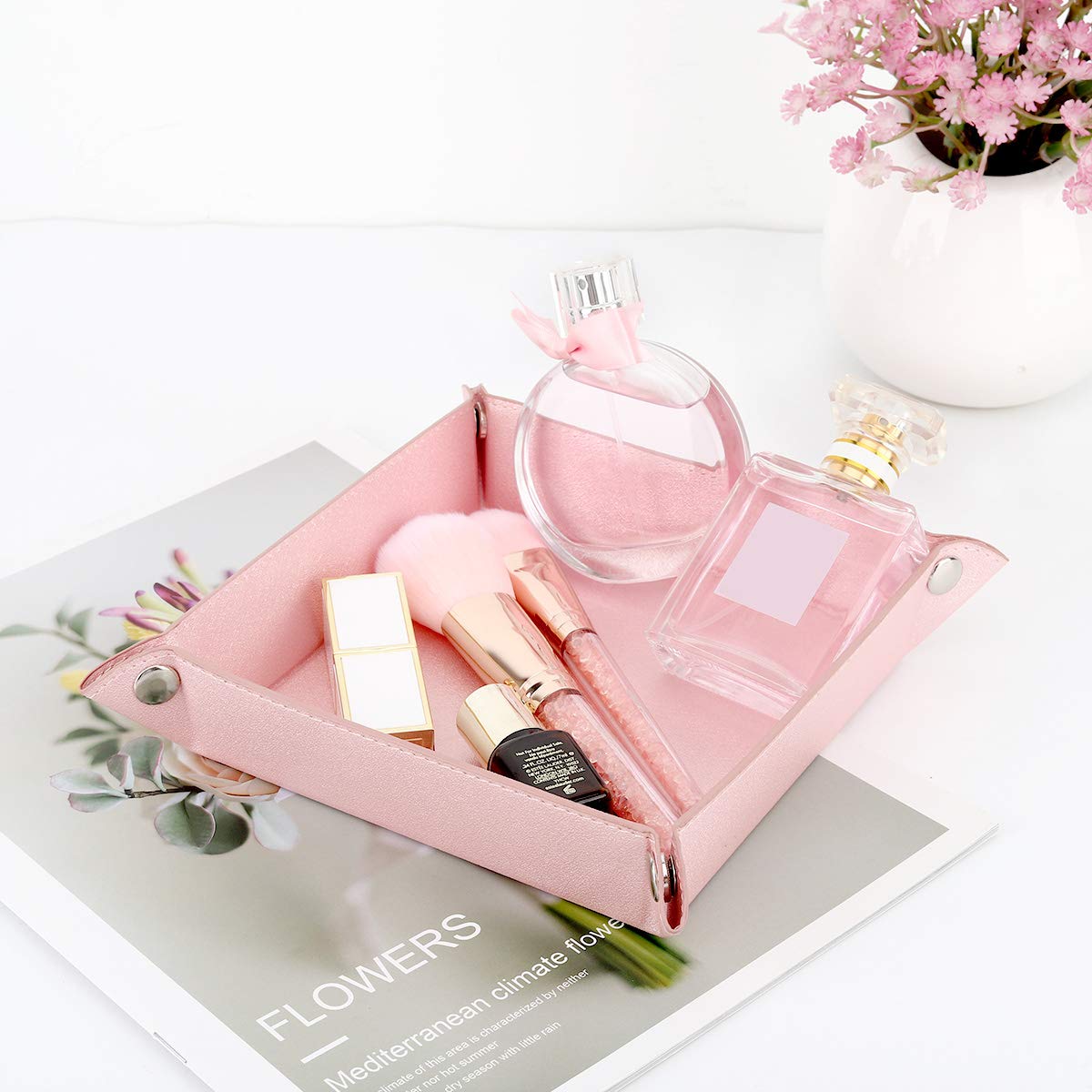PU Leather Valet Tray for Men & Women - Desktop Jewelry Storage Organizer, Catchall Tray for Wallet, Coins, Phone & Keys | Entryway, Bathroom & Nightstand Organizer - Pink
