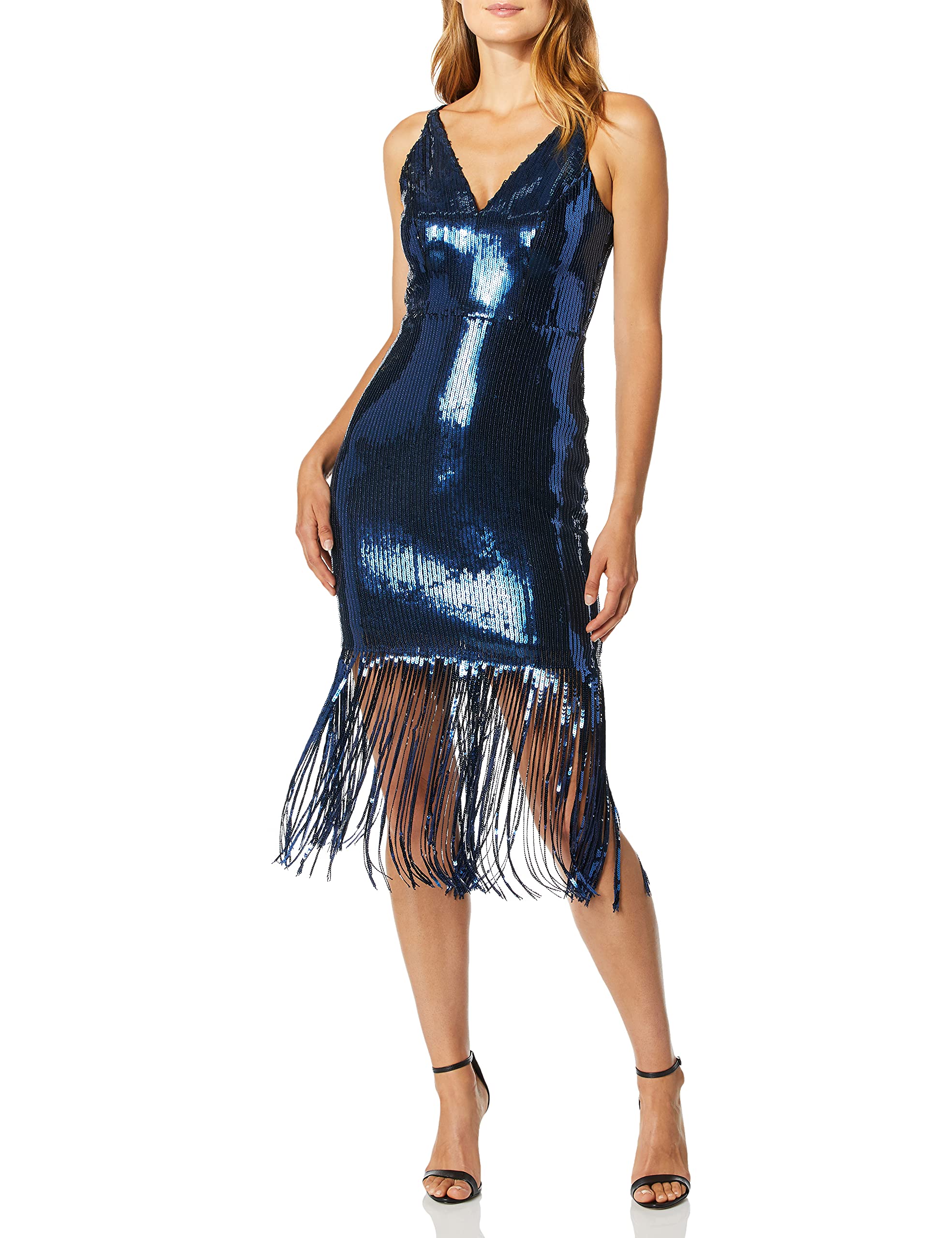 Dress the Population Women's Frankie Plunging Sequin Fringe Sleeveless Midi Dress | Glamorous Party & Evening Gown for Special Occasions, Weddings & Night Out