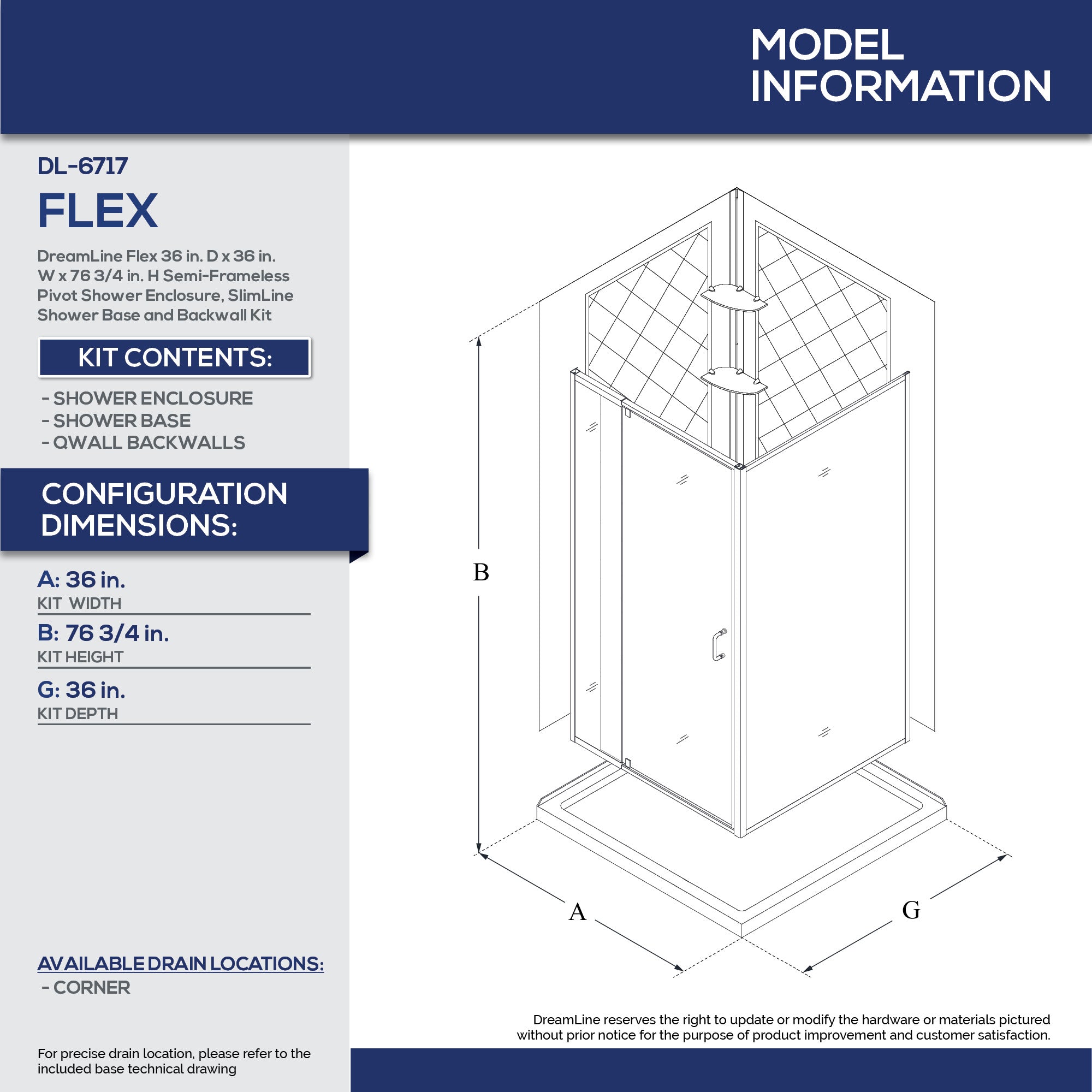 DreamLine Flex 36x36x76.75 Inch Semi-Frameless Pivot Shower Enclosure with SlimLine Base & Backwall Kit - Modern Bathroom Upgrade for Small Spaces, Waterproof & Easy Installation