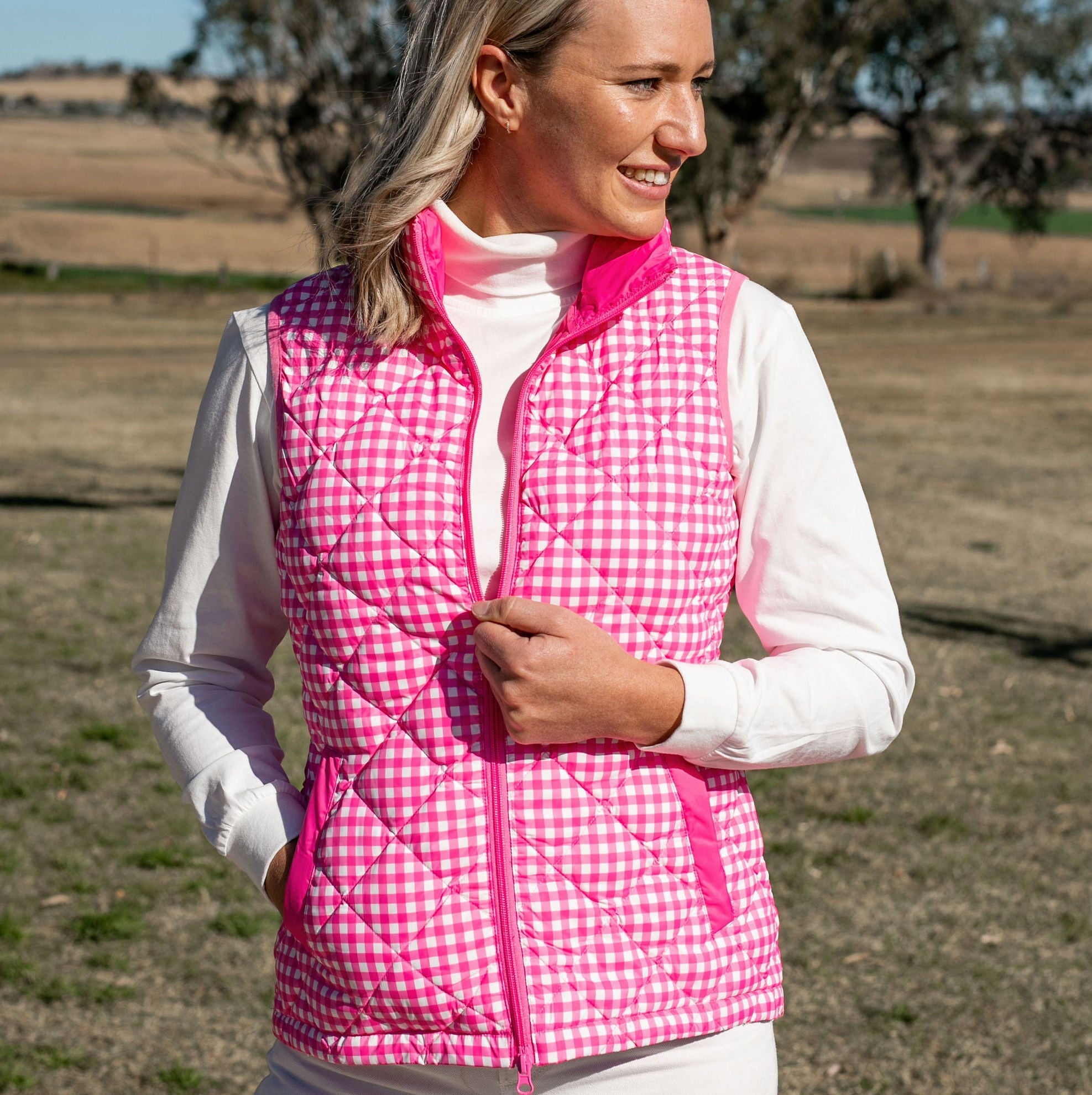 Women's Fuchsia & White Gingham Vest - Stylish Summer Layering Piece for Casual Outings & Beach Cover-Up