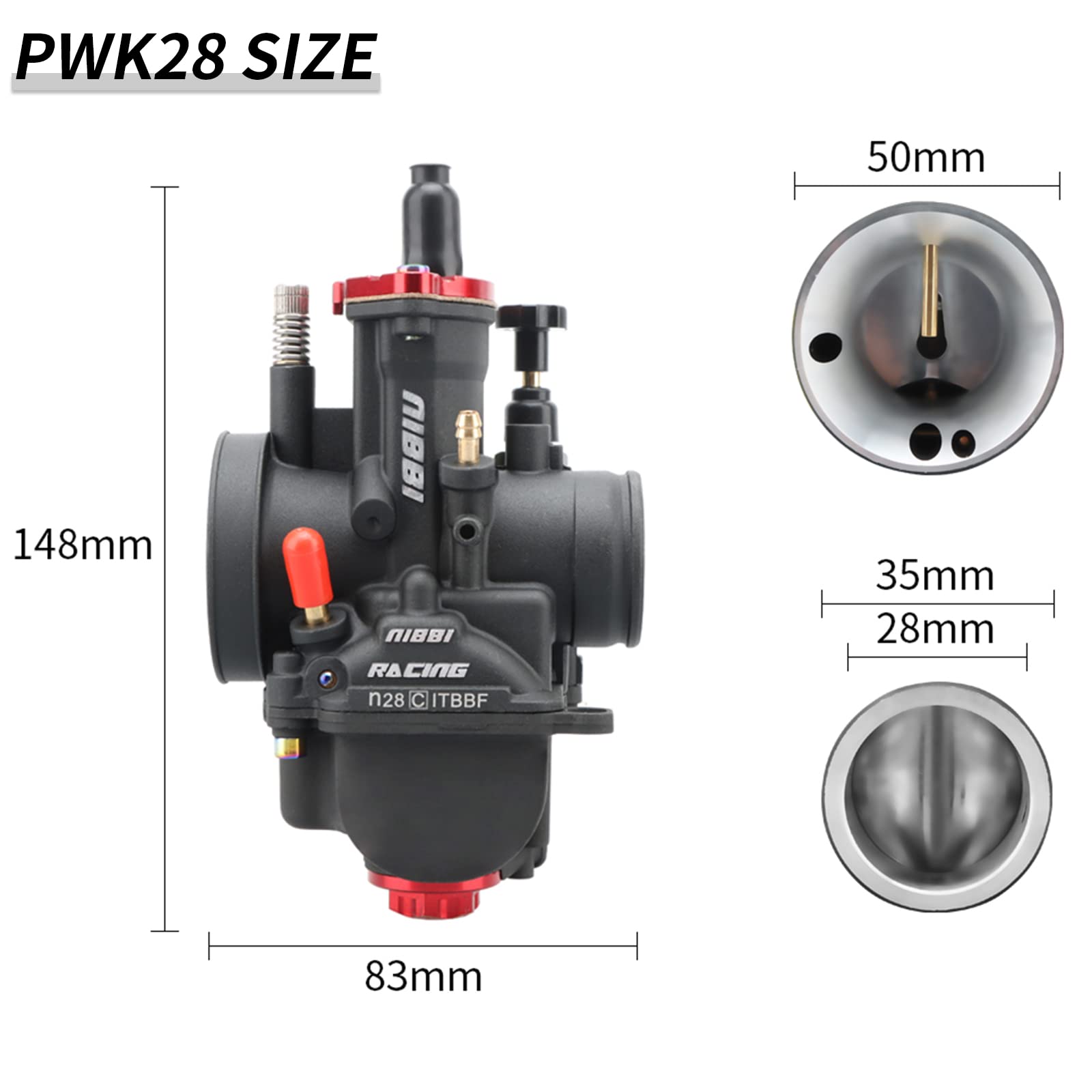 NIBBI 28mm PWK Carburetor for 200cc-250cc Motorcycle Engines - Compatible with Dirt Bikes, Mini Bikes, Pit Bikes & GY6 ATVs - Includes Carb Jets - High Performance Air Fuel Mixture Tuning for Off-Road Racing & Trail Riding