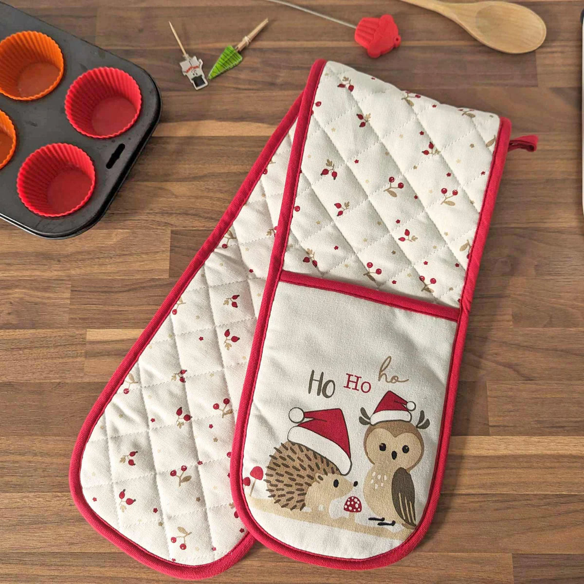 Forest Friends Double Oven Mitt Set - Heat Resistant Kitchen Gloves for Baking, Grilling & Cooking - Perfect for Holiday Meals & BBQ Parties