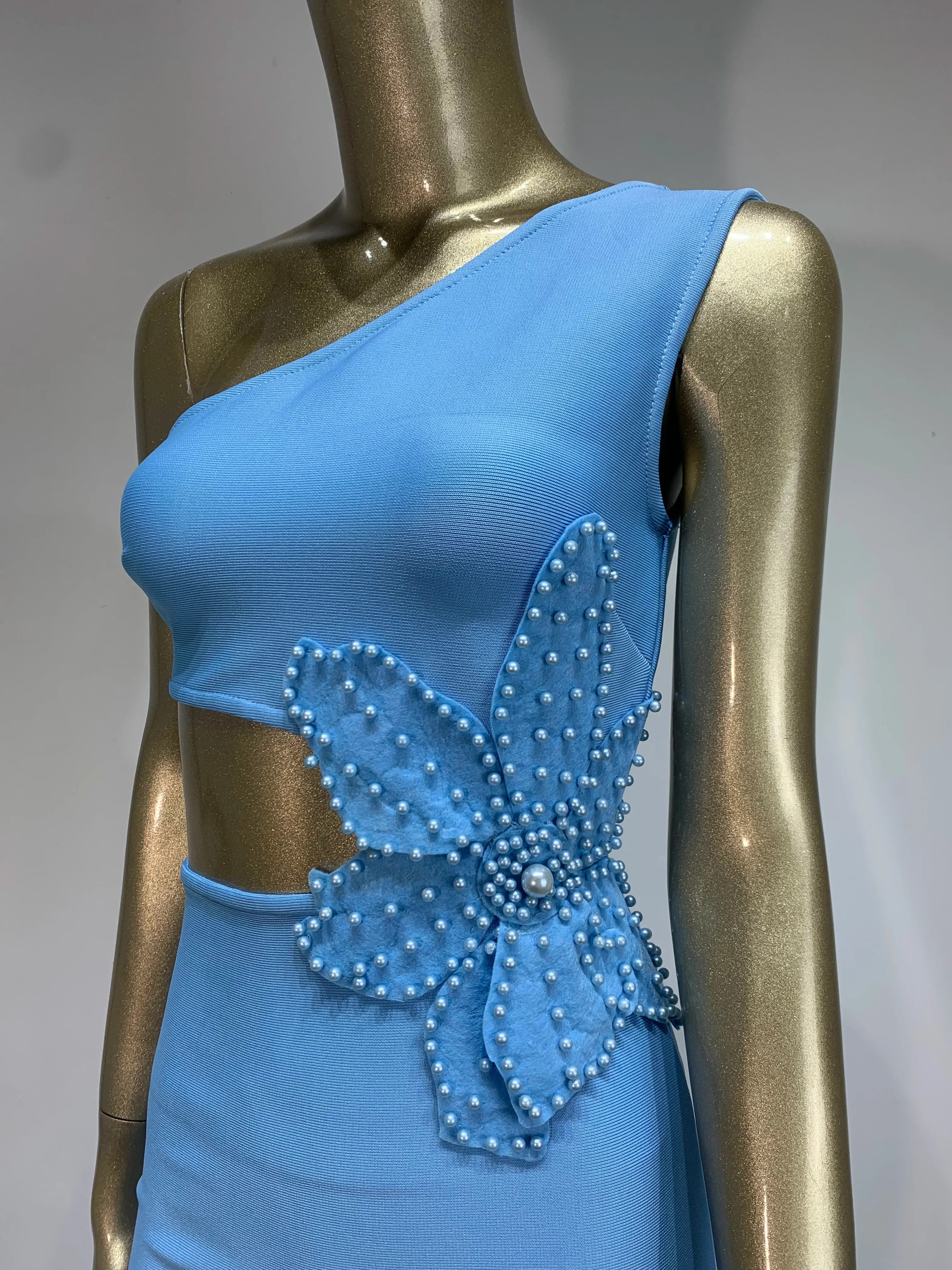 Sexy One Shoulder Bandage Dress for Women - Sky Blue Floral Midi Bodycon Dress for Evening, Club, Party & Celebrity Events | Elegant & Stylish Night Out Outfit