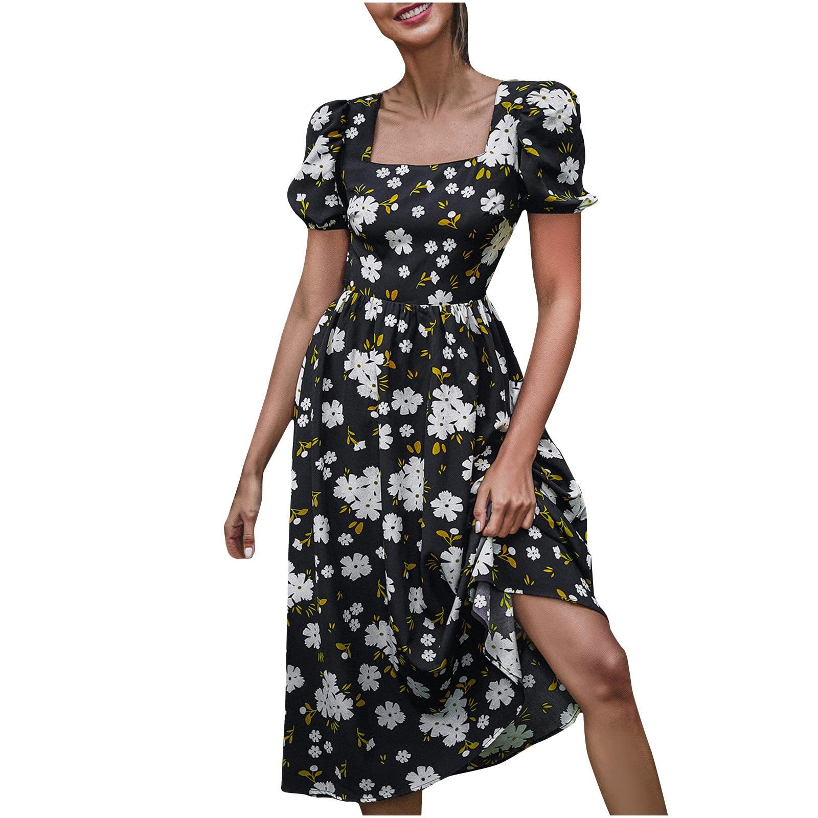 MIANHT Women's Boho Floral Sundress - Square Neck Sleeveless Casual Lightweight Loose Waist Dress for Vacation, Beach, Summer Outfits & Boho Chic Style