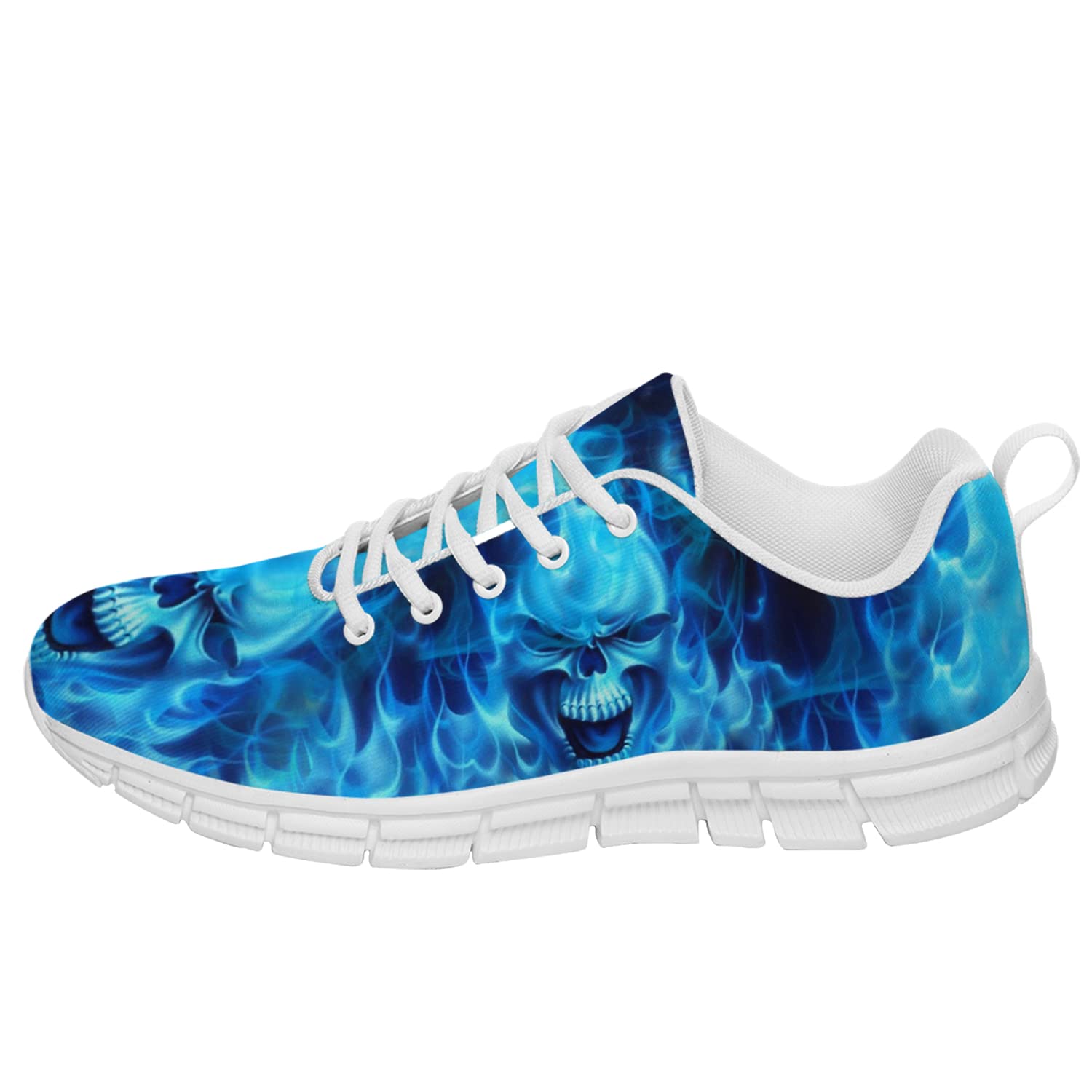 **Blue Skull Sneakers for Men & Women - Running, Tennis, Walking Shoes with Flaming Design - Perfect for Parties & Gifts - Size 10 Women/8.5 Men - Ideal for Casual Wear, Gym & Outdoor Activities**