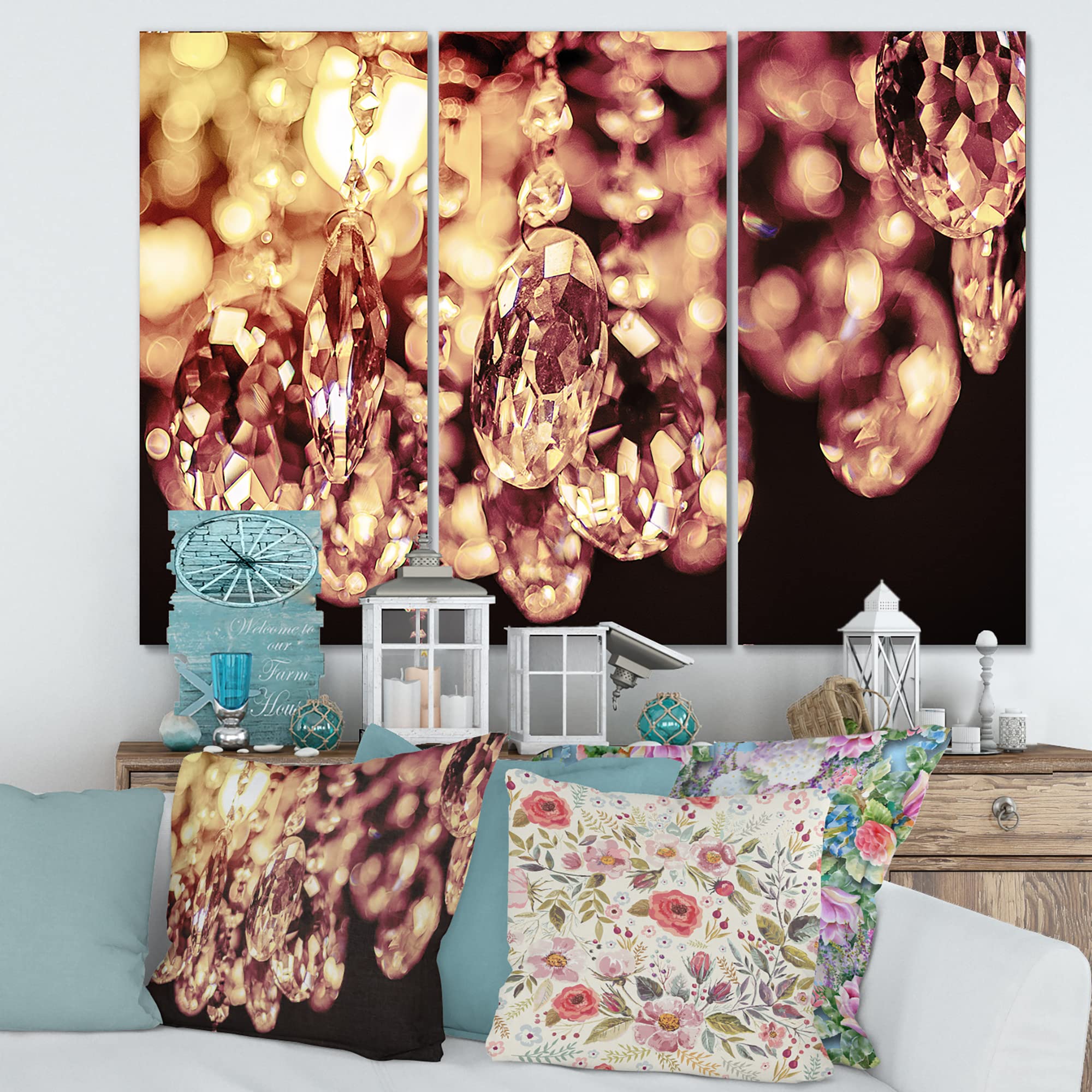 DesignQ Crystal Chandelier with Modern Canvas Wall Art - Elegant Lighting for Living Room, Dining Room & Bedroom Decor