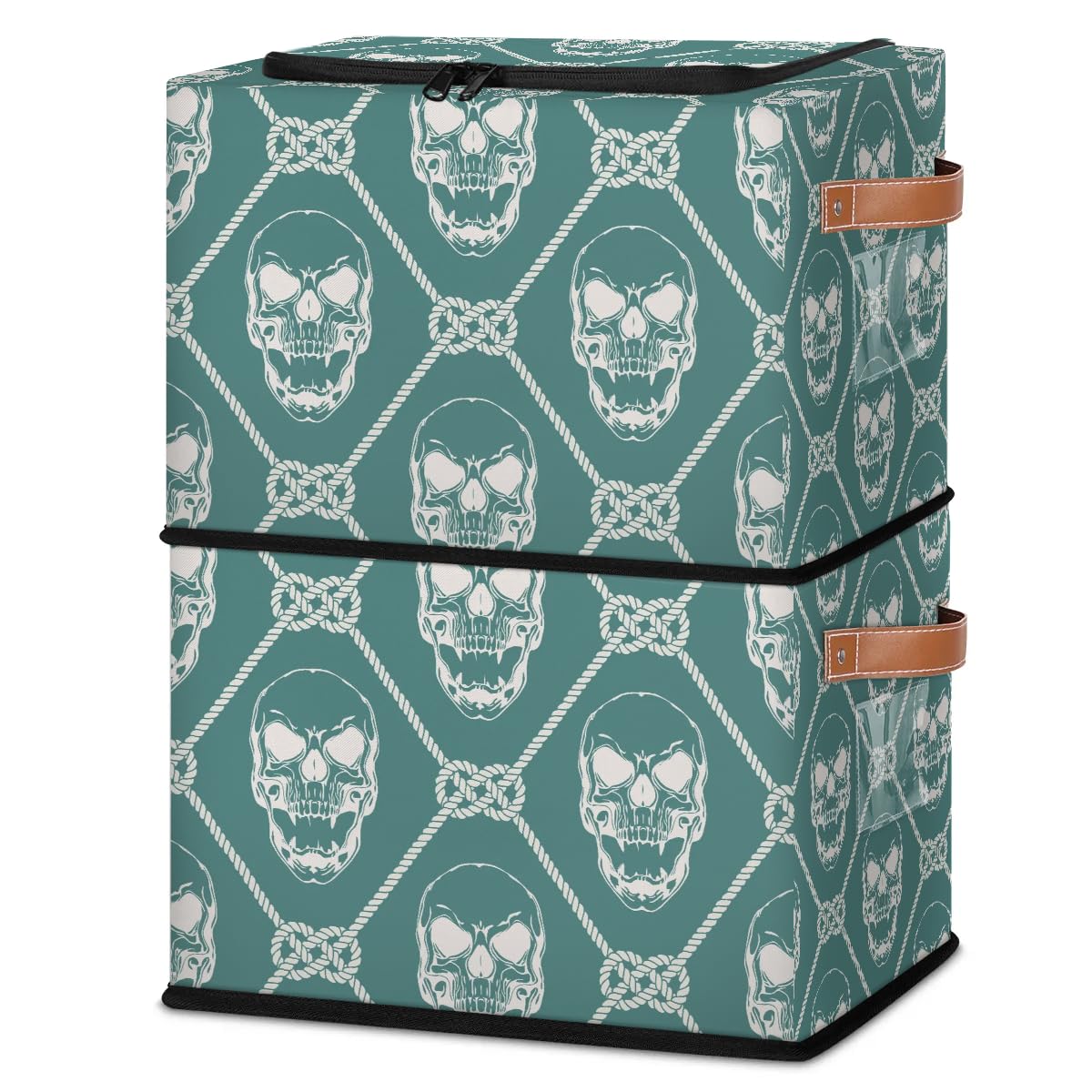 2-Pack Skeleton Rope Plaid Storage Bins with Zipper Lid | Stackable Closet Organizer Baskets with Metal Frame & PU Handles | Perfect for Clothes, Toys, and Home Organization
