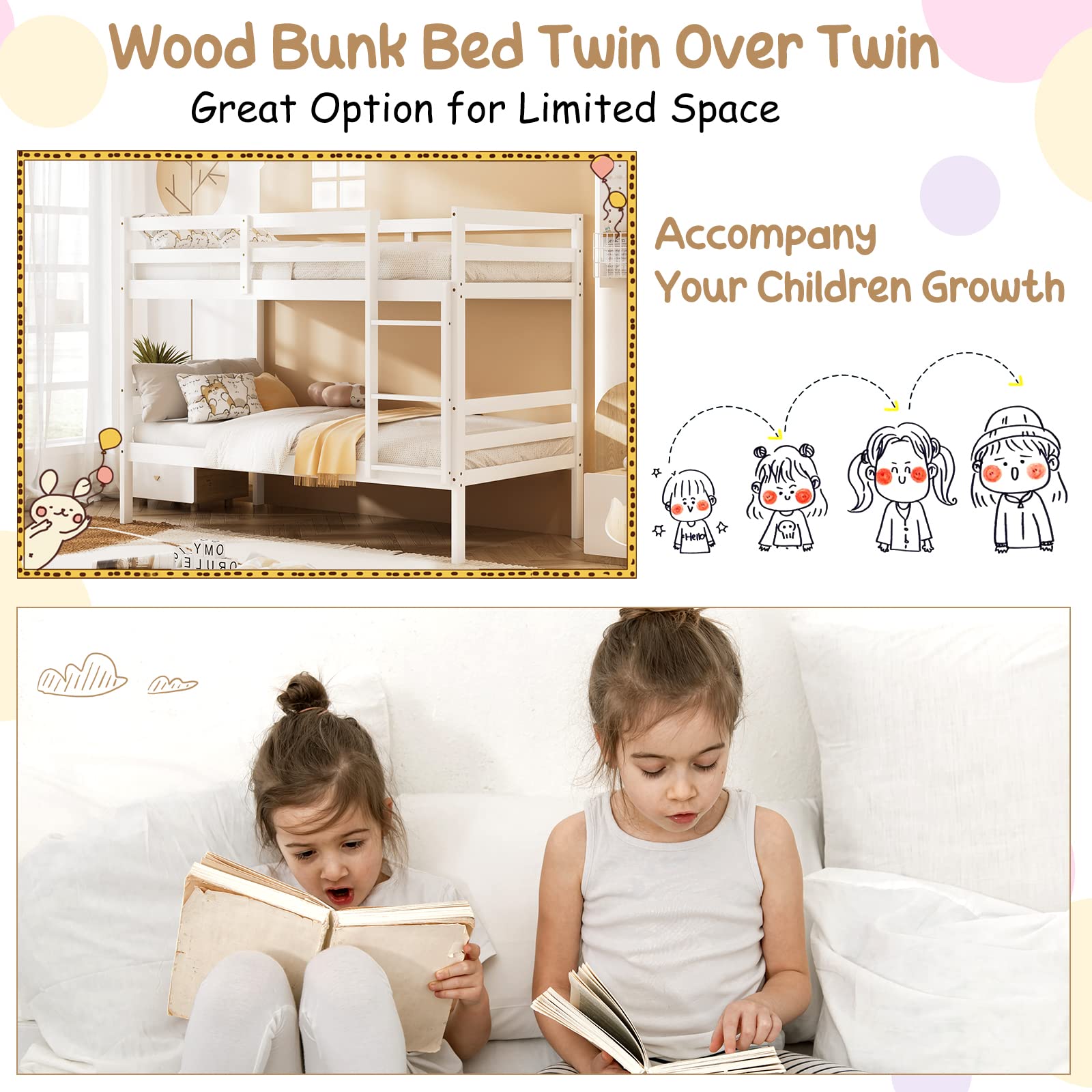 KOMFOTT Solid Wood Twin Over Twin Bunk Bed with Ladder & Safety Guardrail - Sturdy Kids Bed Frame for Dormitories, Shared Rooms & Multi-Child Families - No Box Spring Needed - Perfect for Sleepovers, Space-Saving Kids Bedrooms & Vacation Homes